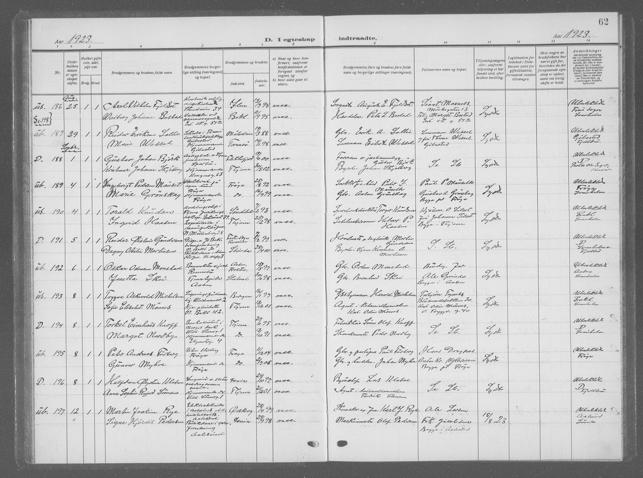 Ministerialprotokoller, klokkerbøker og fødselsregistre - Sør-Trøndelag, AV/SAT-A-1456/601/L0098: Parish register (copy) no. 601C16, 1921-1934, p. 62