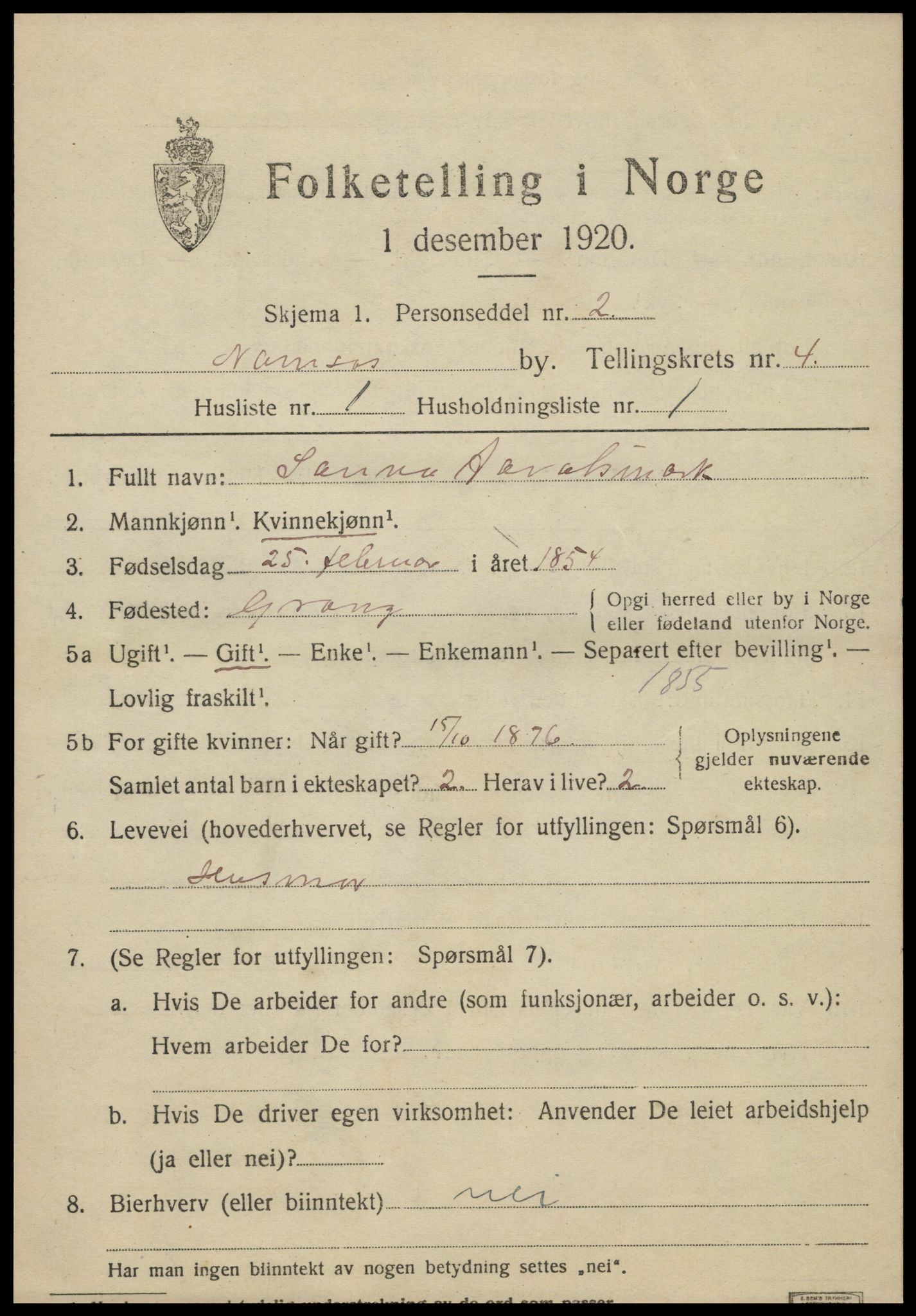 SAT, 1920 census for Namsos, 1920, p. 4841