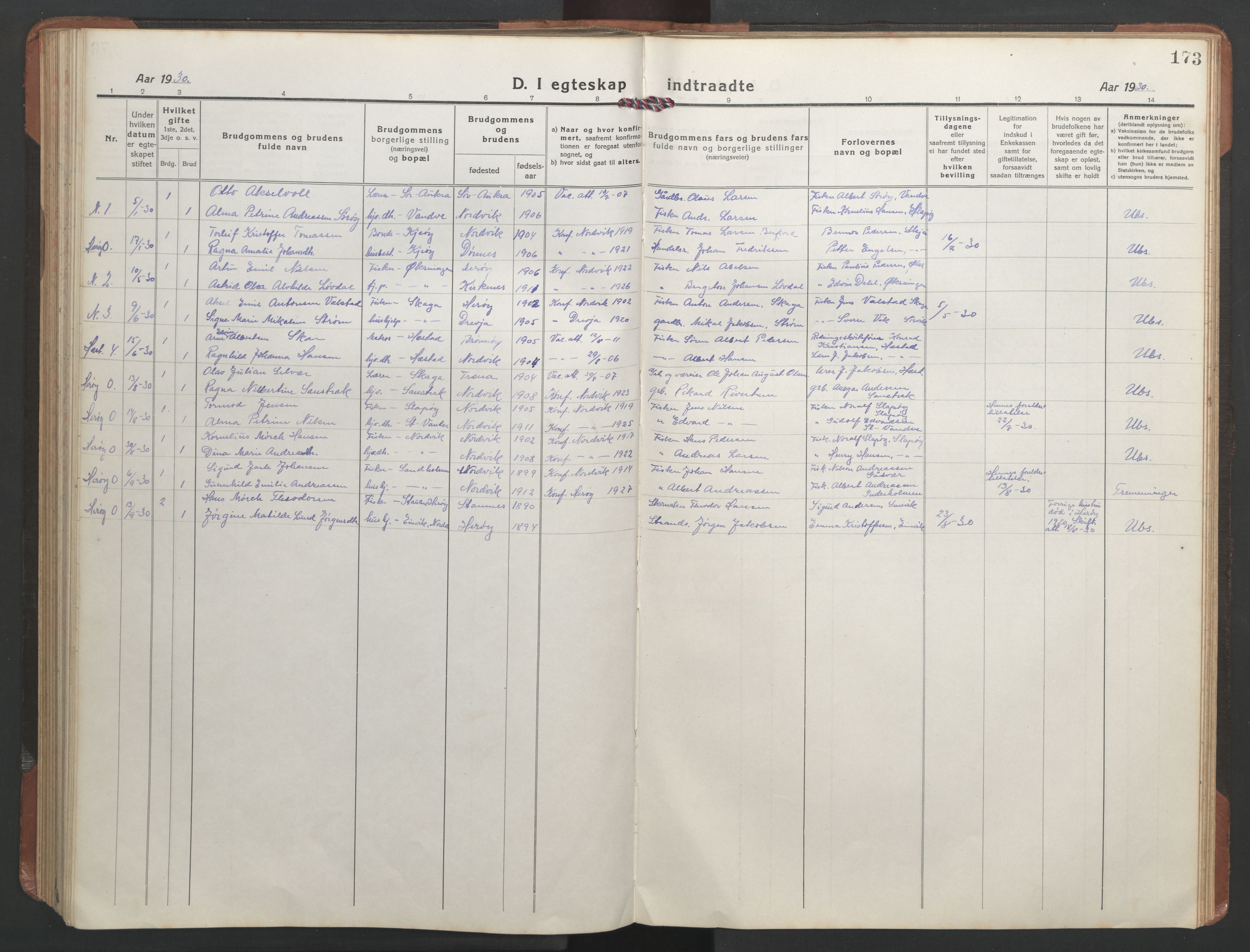 Ministerialprotokoller, klokkerbøker og fødselsregistre - Nordland, SAT/A-1459/836/L0539: Parish register (copy) no. 836C03, 1917-1949, p. 173
