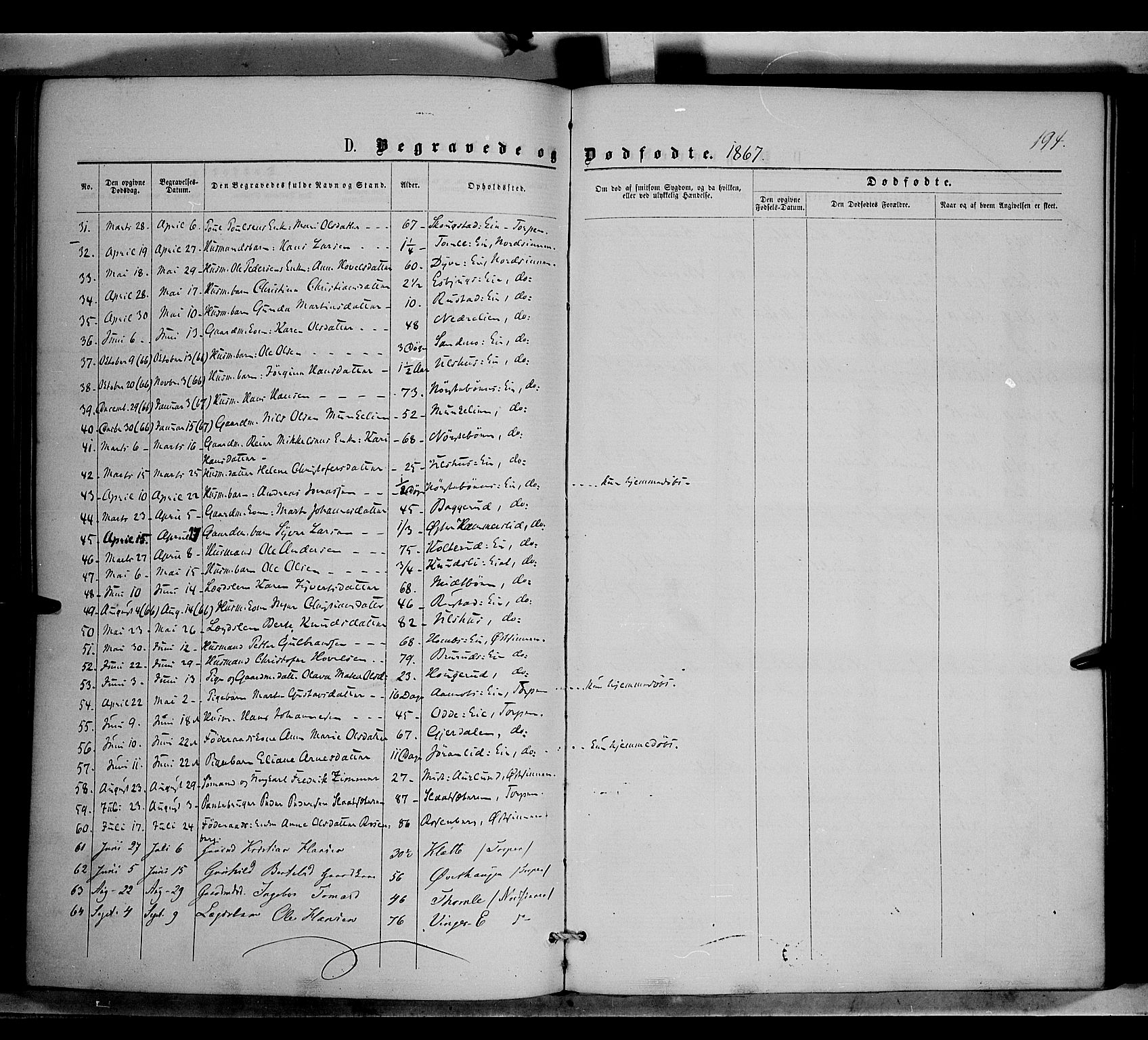 Nordre Land prestekontor, SAH/PREST-124/H/Ha/Haa/L0001: Parish register (official) no. 1, 1860-1871, p. 194