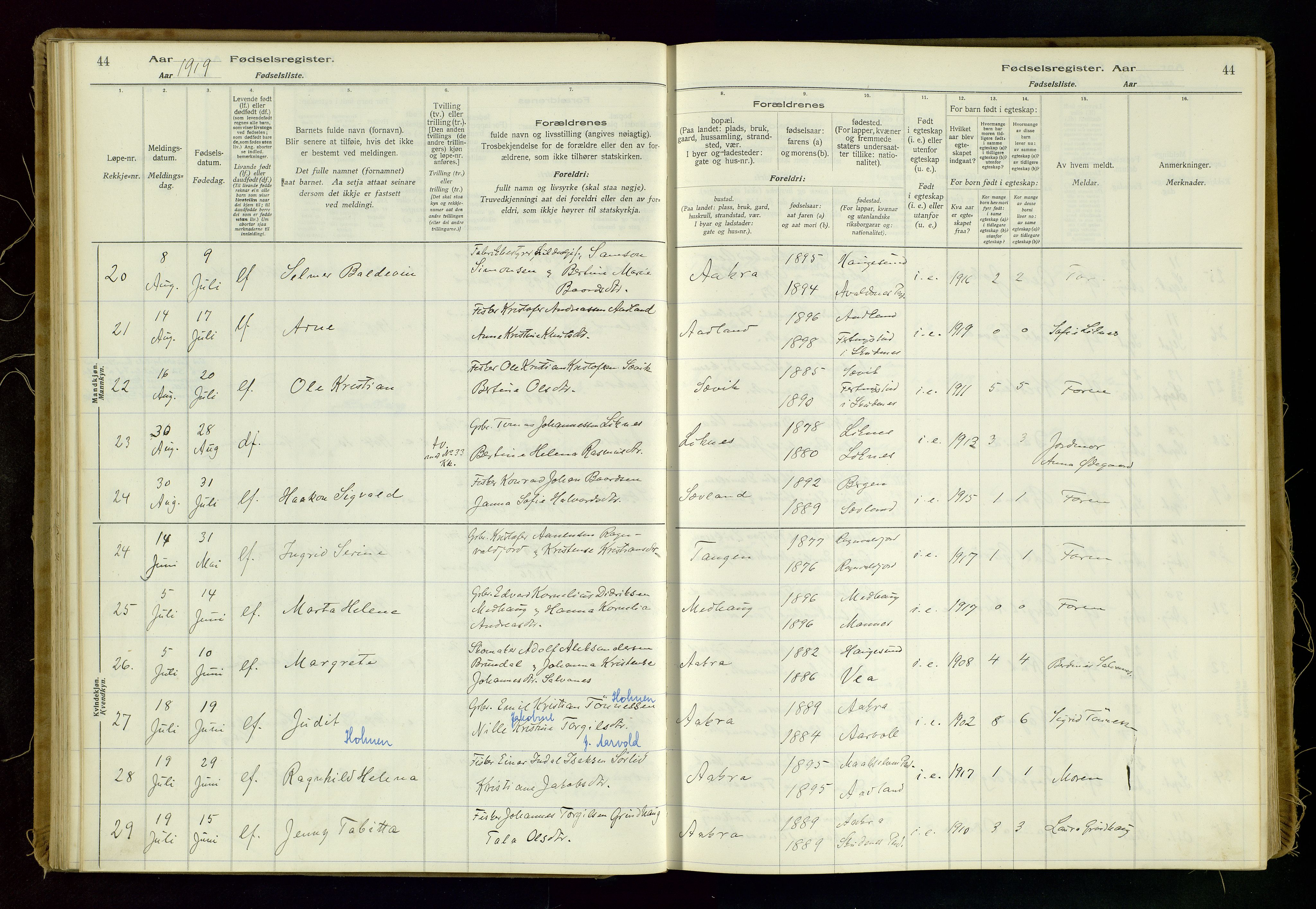 Kopervik sokneprestkontor, AV/SAST-A-101850/I/Id/L0006: Birth register no. 6, 1916-1934, p. 44