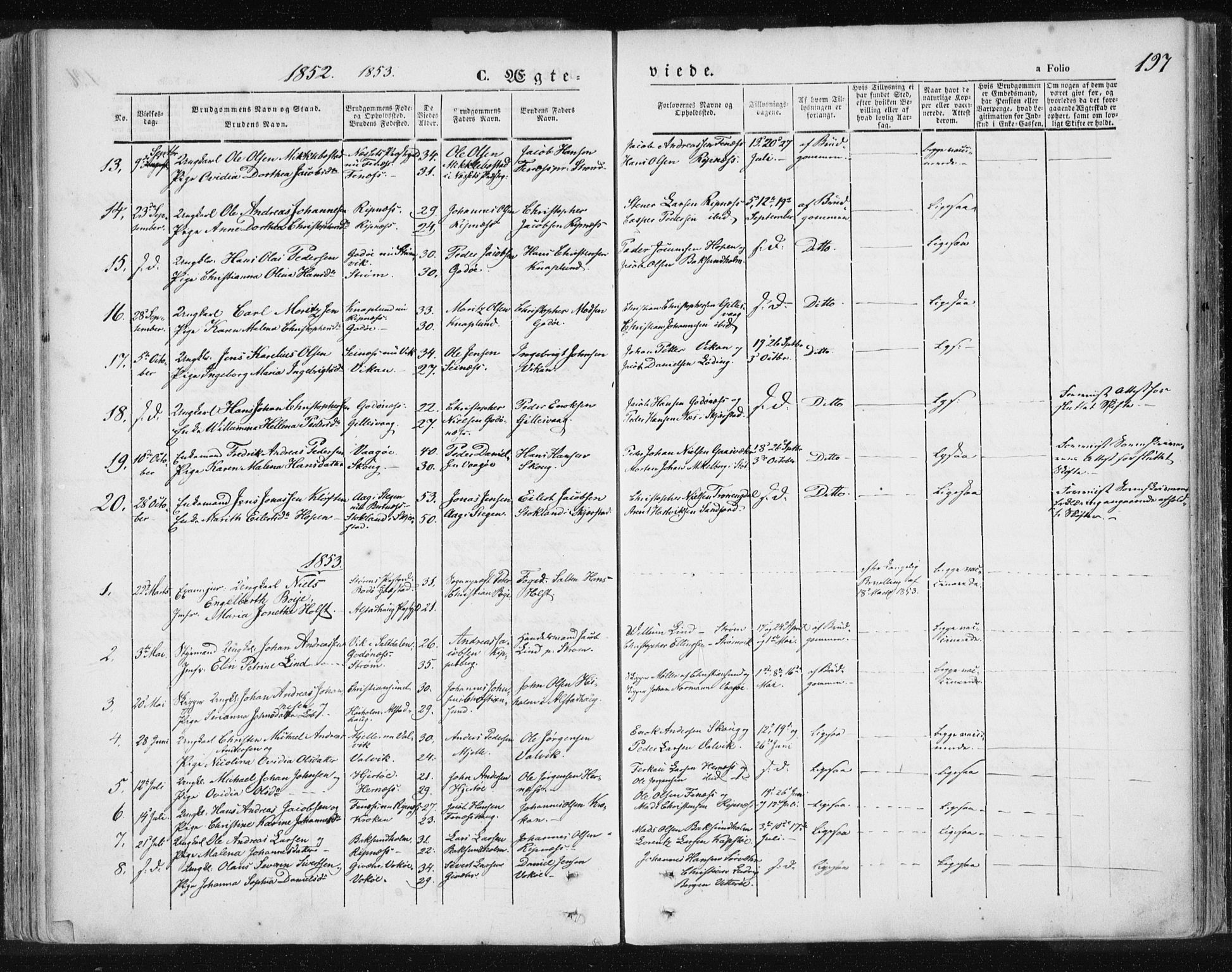 Ministerialprotokoller, klokkerbøker og fødselsregistre - Nordland, SAT/A-1459/801/L0007: Parish register (official) no. 801A07, 1845-1863, p. 197