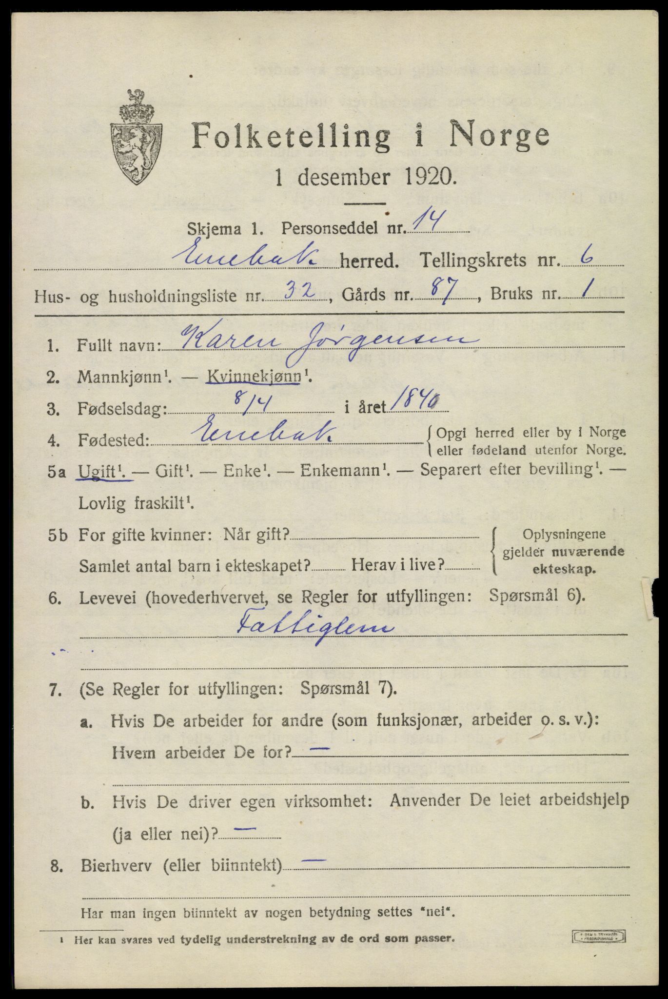 SAO, 1920 census for Enebakk, 1920, p. 5061