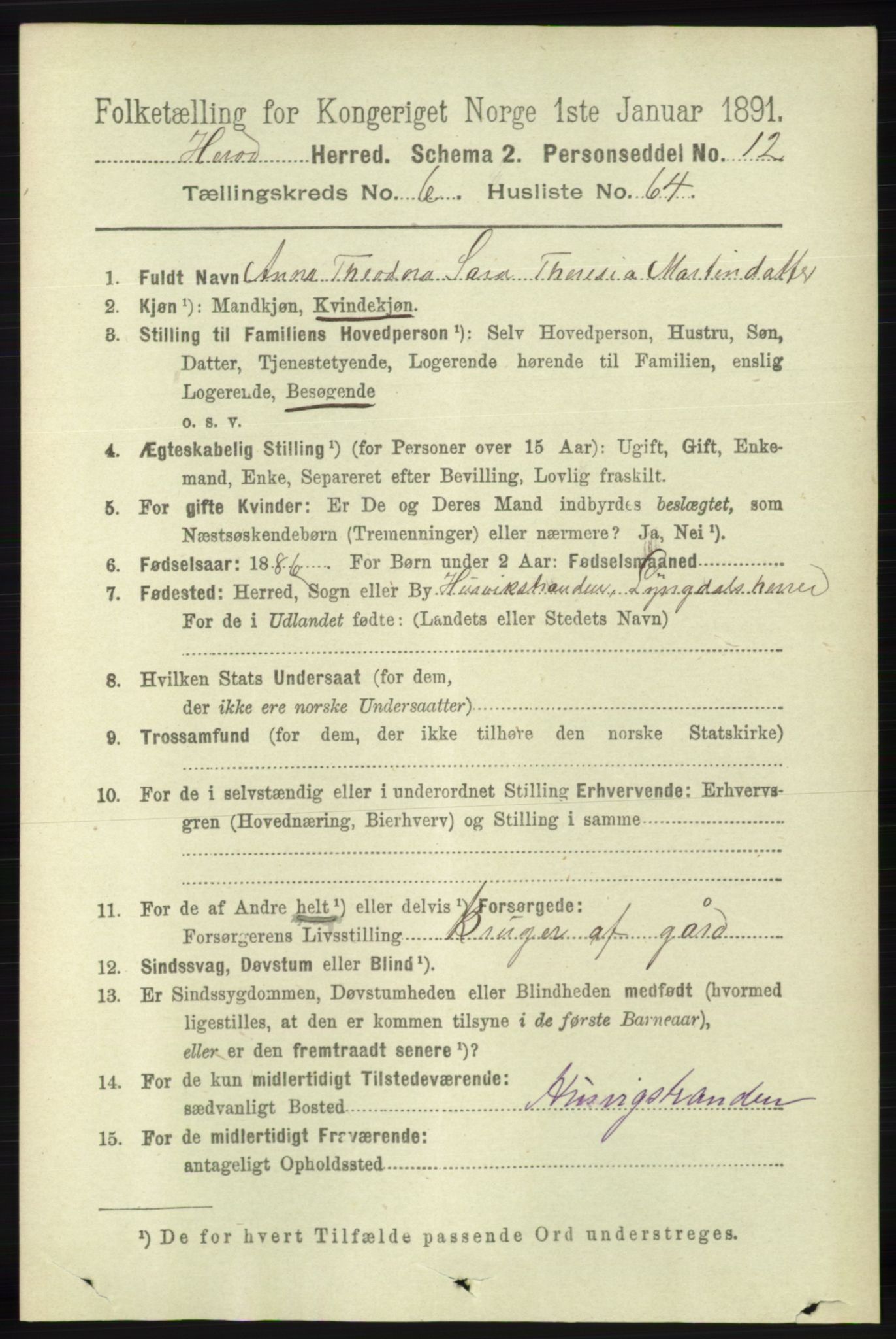 RA, 1891 census for 1039 Herad, 1891, p. 2706