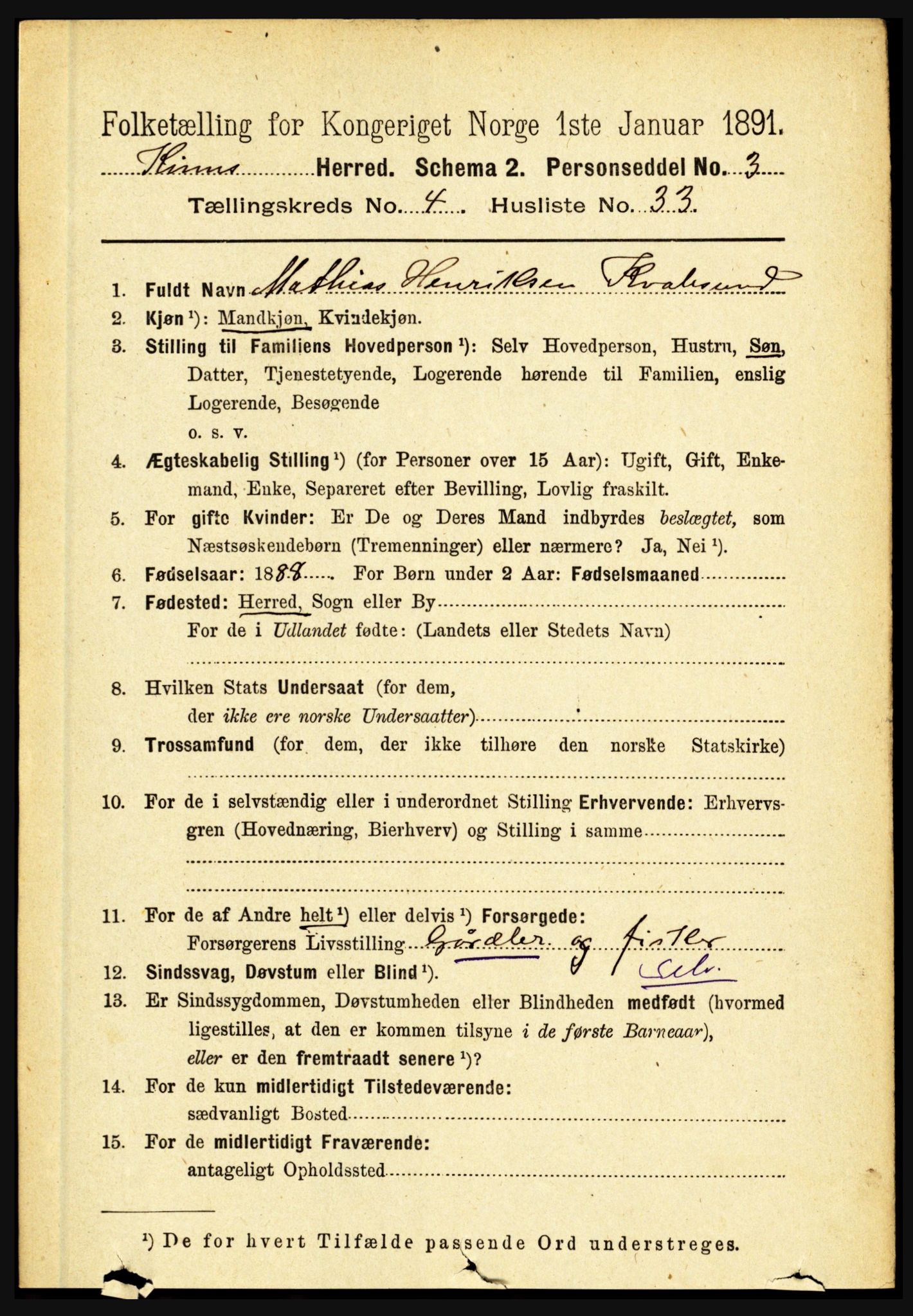 RA, 1891 census for 1437 Kinn, 1891, p. 1510