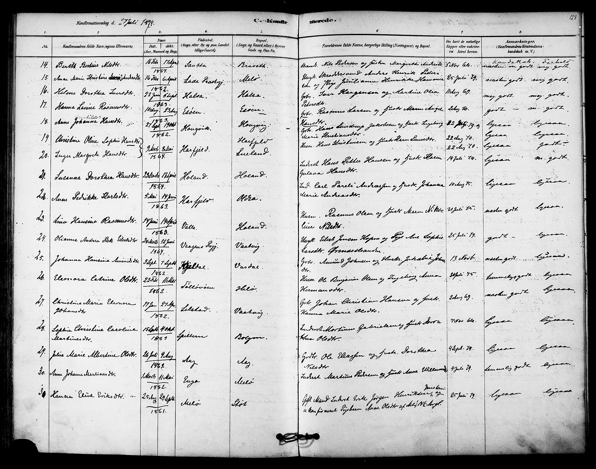 Ministerialprotokoller, klokkerbøker og fødselsregistre - Nordland, SAT/A-1459/843/L0626: Parish register (official) no. 843A01, 1878-1907, p. 128