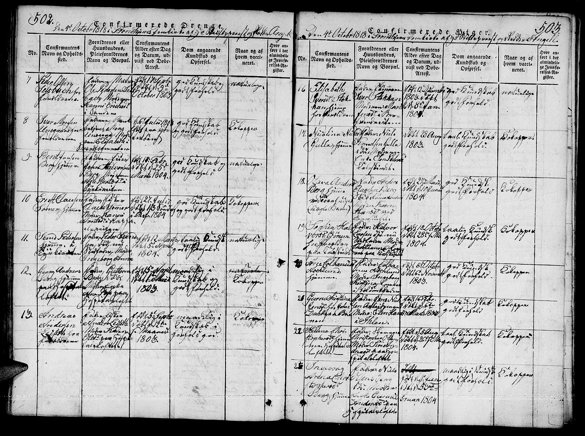 Ministerialprotokoller, klokkerbøker og fødselsregistre - Sør-Trøndelag, SAT/A-1456/601/L0043: Parish register (official) no. 601A11, 1815-1821, p. 502-503