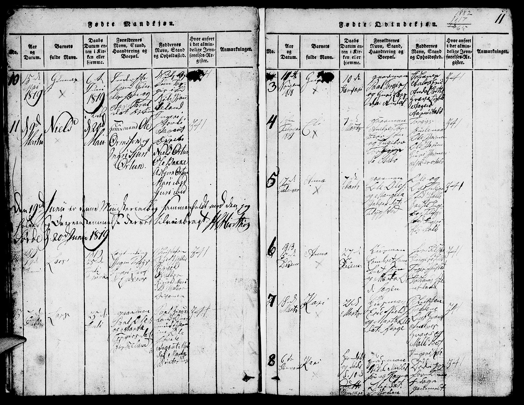 Suldal sokneprestkontor, SAST/A-101845/01/V/L0002: Parish register (copy) no. B 2, 1816-1845, p. 11