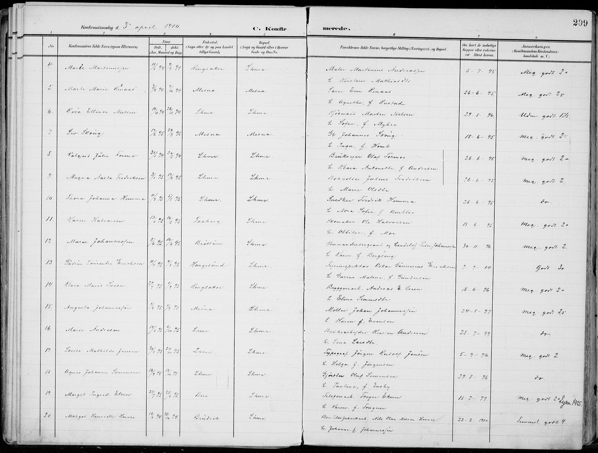 Lillehammer prestekontor, AV/SAH-PREST-088/H/Ha/Haa/L0001: Parish register (official) no. 1, 1901-1916, p. 209