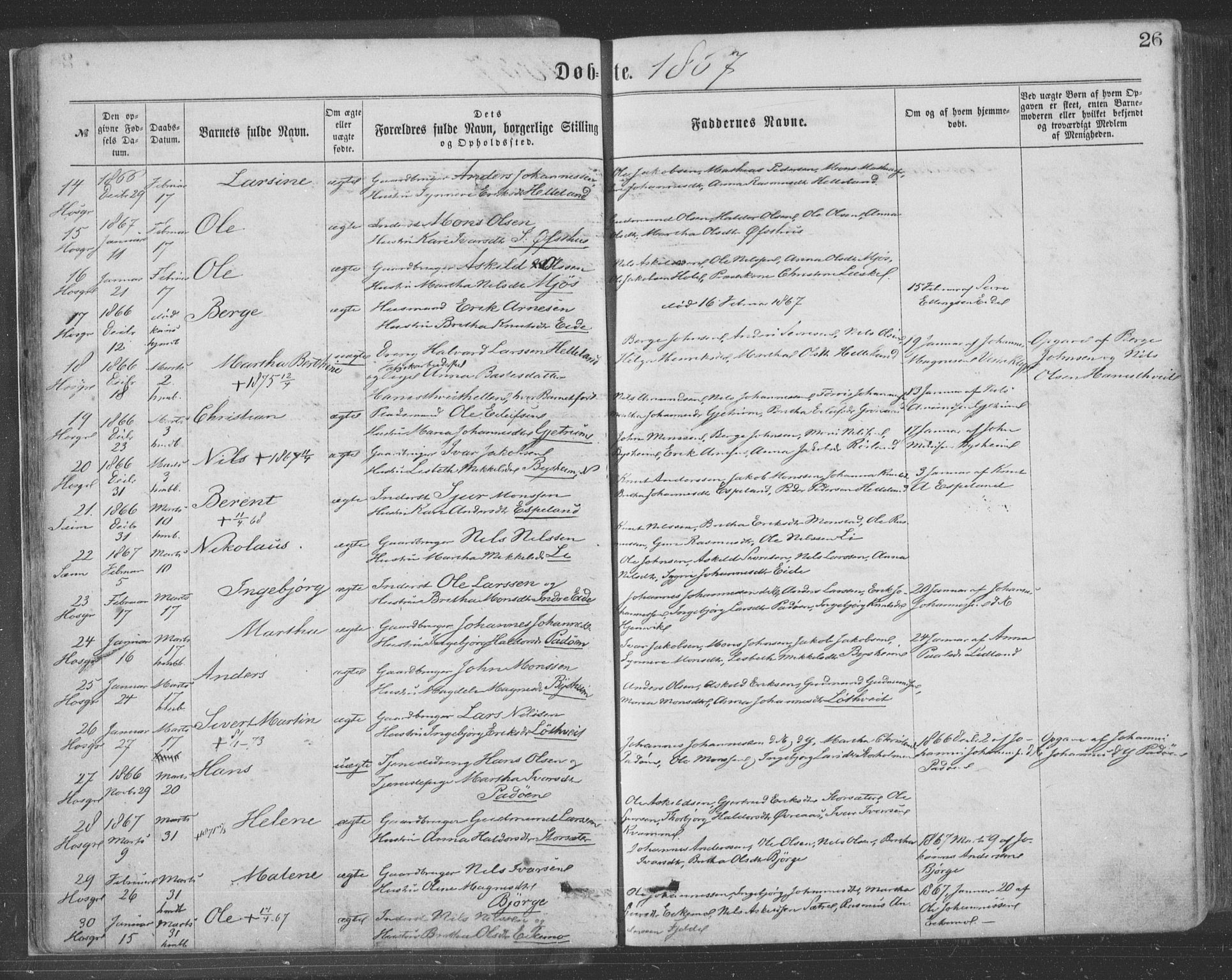 Hosanger sokneprestembete, AV/SAB-A-75801/H/Haa: Parish register (official) no. A 9, 1864-1876, p. 26