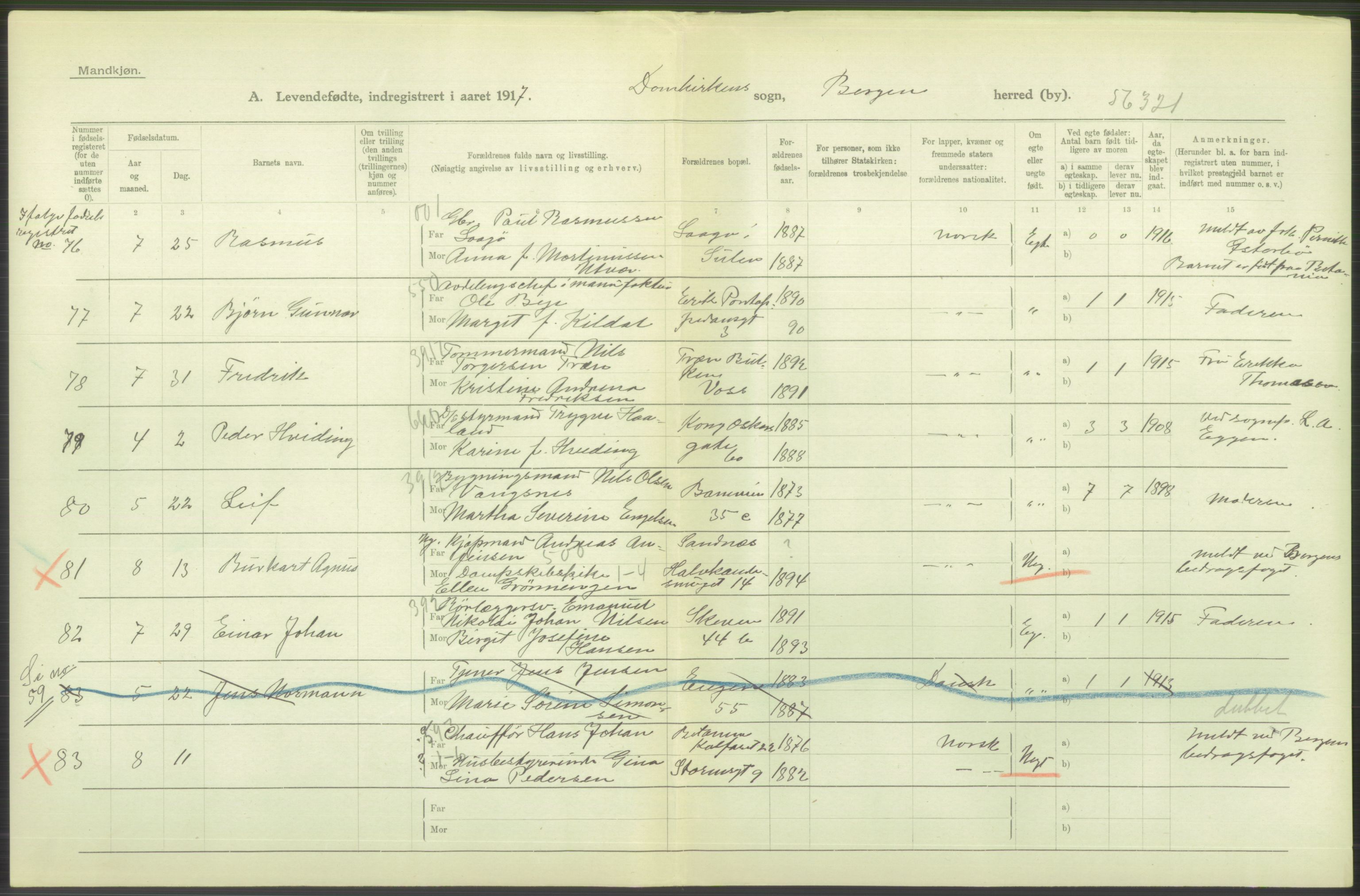 Statistisk sentralbyrå, Sosiodemografiske emner, Befolkning, AV/RA-S-2228/D/Df/Dfb/Dfbg/L0037: Bergen: Levendefødte menn og kvinner., 1917, p. 44