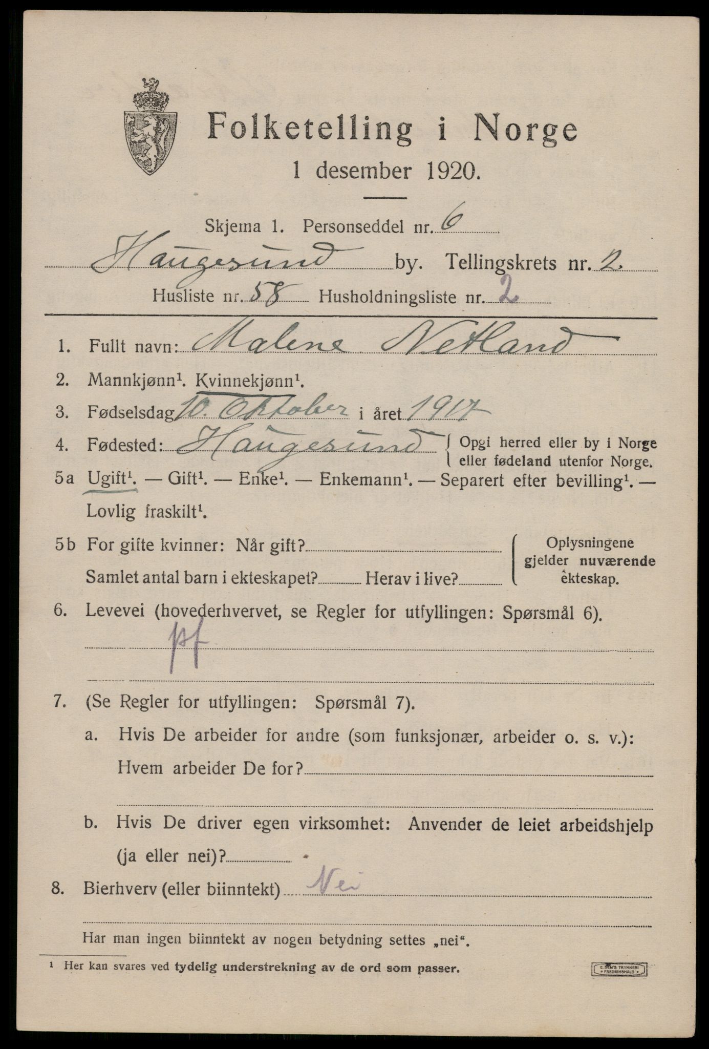 SAST, 1920 census for Haugesund, 1920, p. 14013