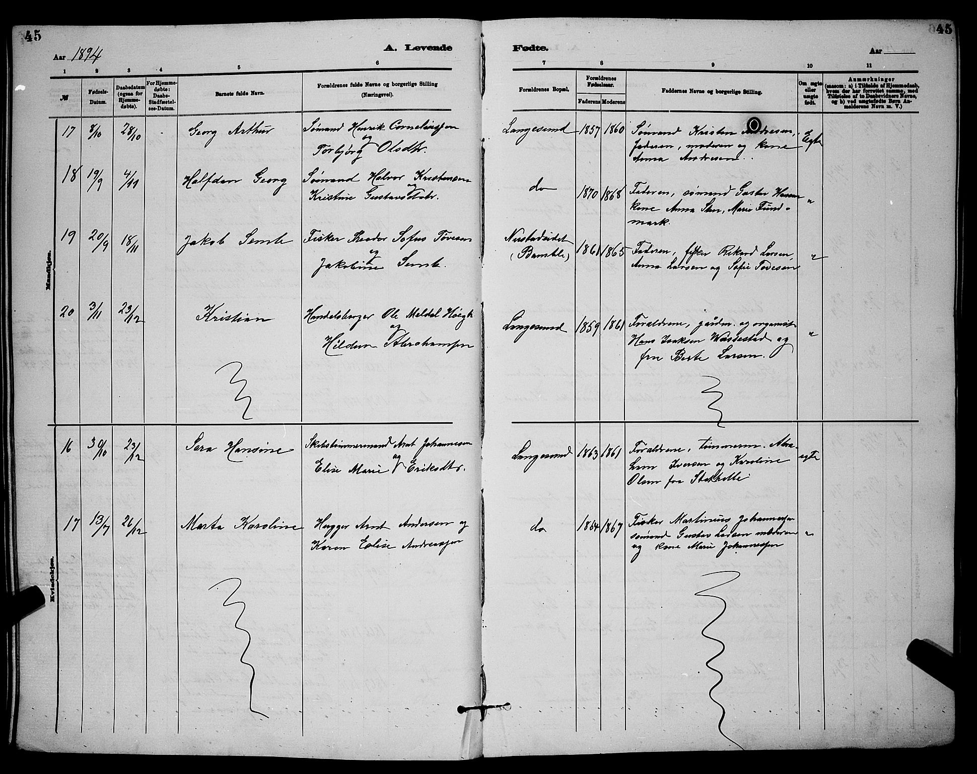Langesund kirkebøker, SAKO/A-280/G/Ga/L0005: Parish register (copy) no. 5, 1884-1898, p. 45