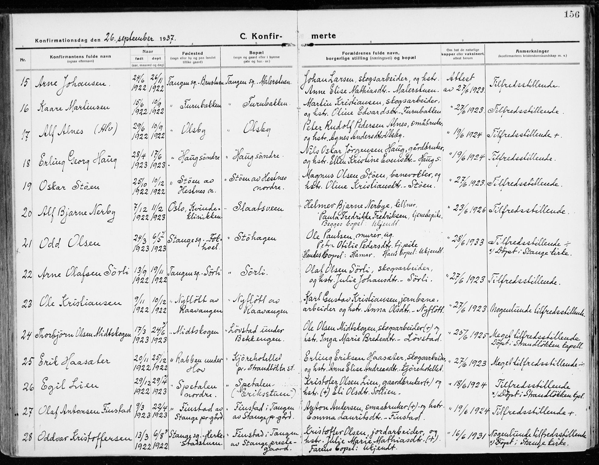 Stange prestekontor, AV/SAH-PREST-002/K/L0025: Parish register (official) no. 25, 1921-1945, p. 156