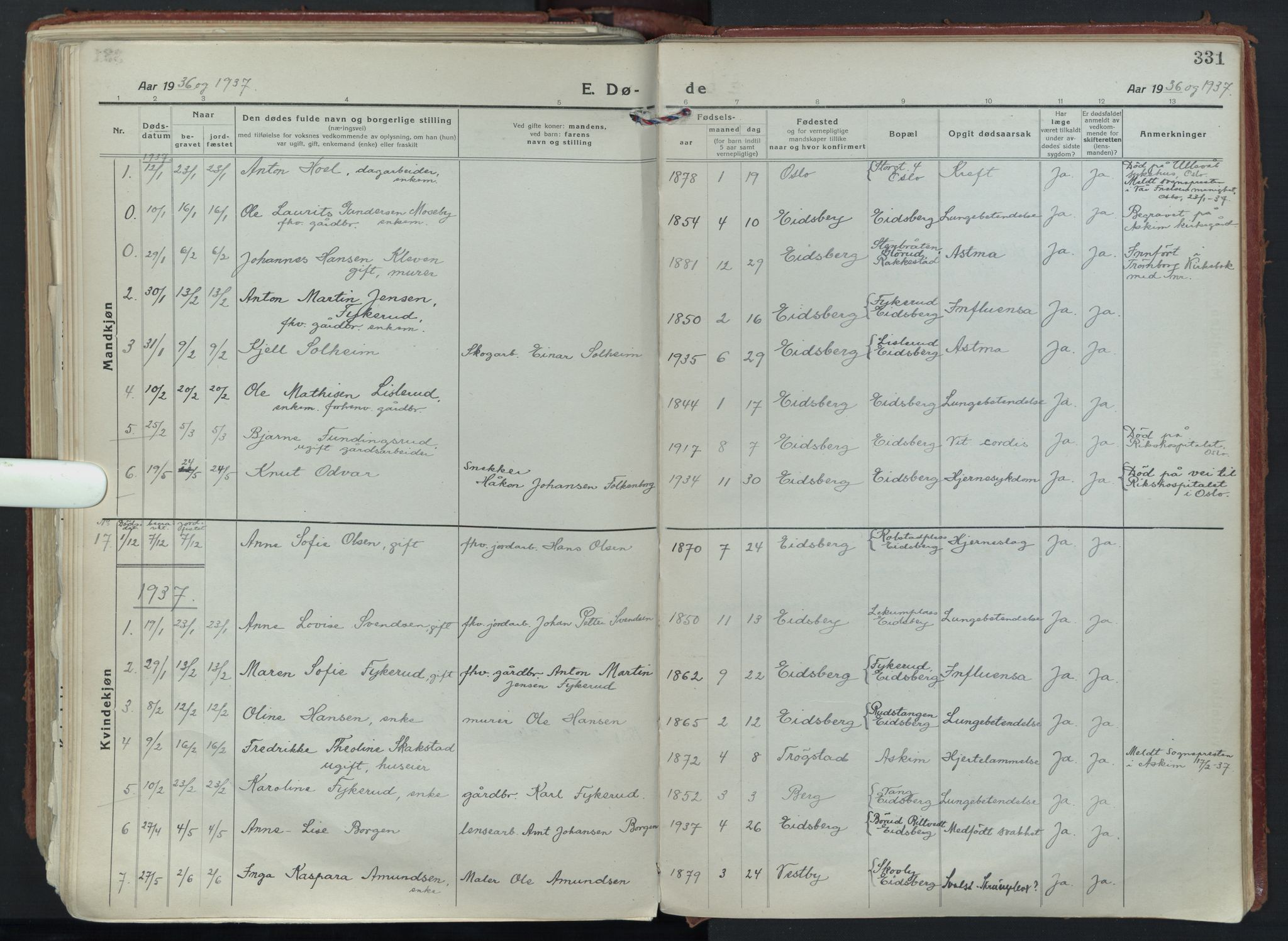 Eidsberg prestekontor Kirkebøker, SAO/A-10905/F/Fa/L0015: Parish register (official) no. I 15, 1920-1937, p. 331