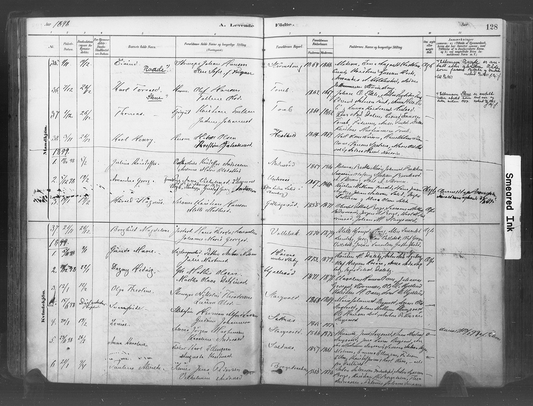 Råde prestekontor kirkebøker, AV/SAO-A-2009/F/Fa/L0007: Parish register (official) no. 7, 1878-1902, p. 128