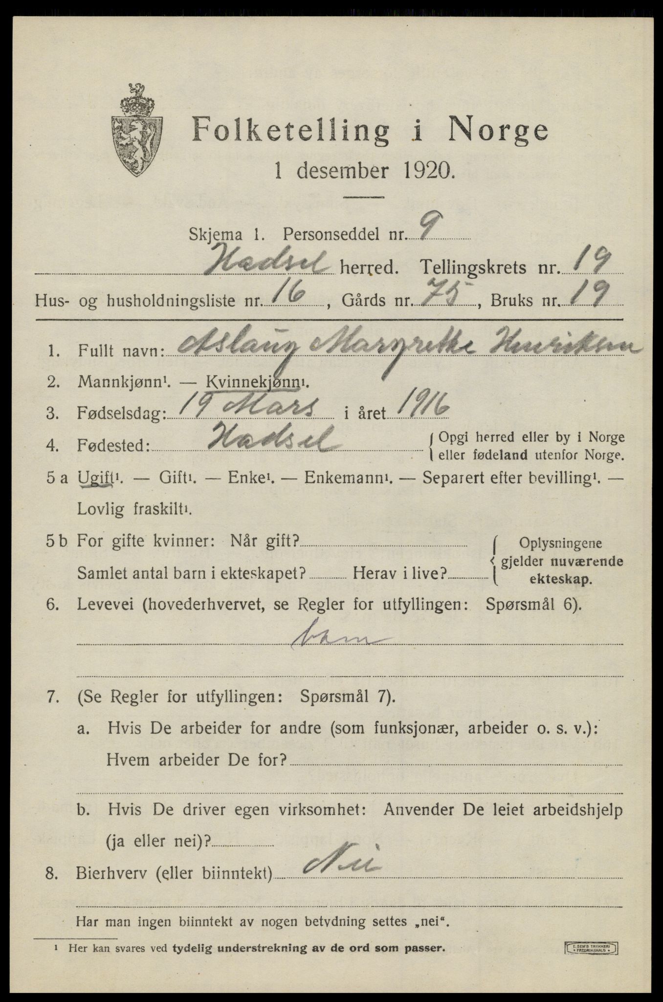 SAT, 1920 census for Hadsel, 1920, p. 17360