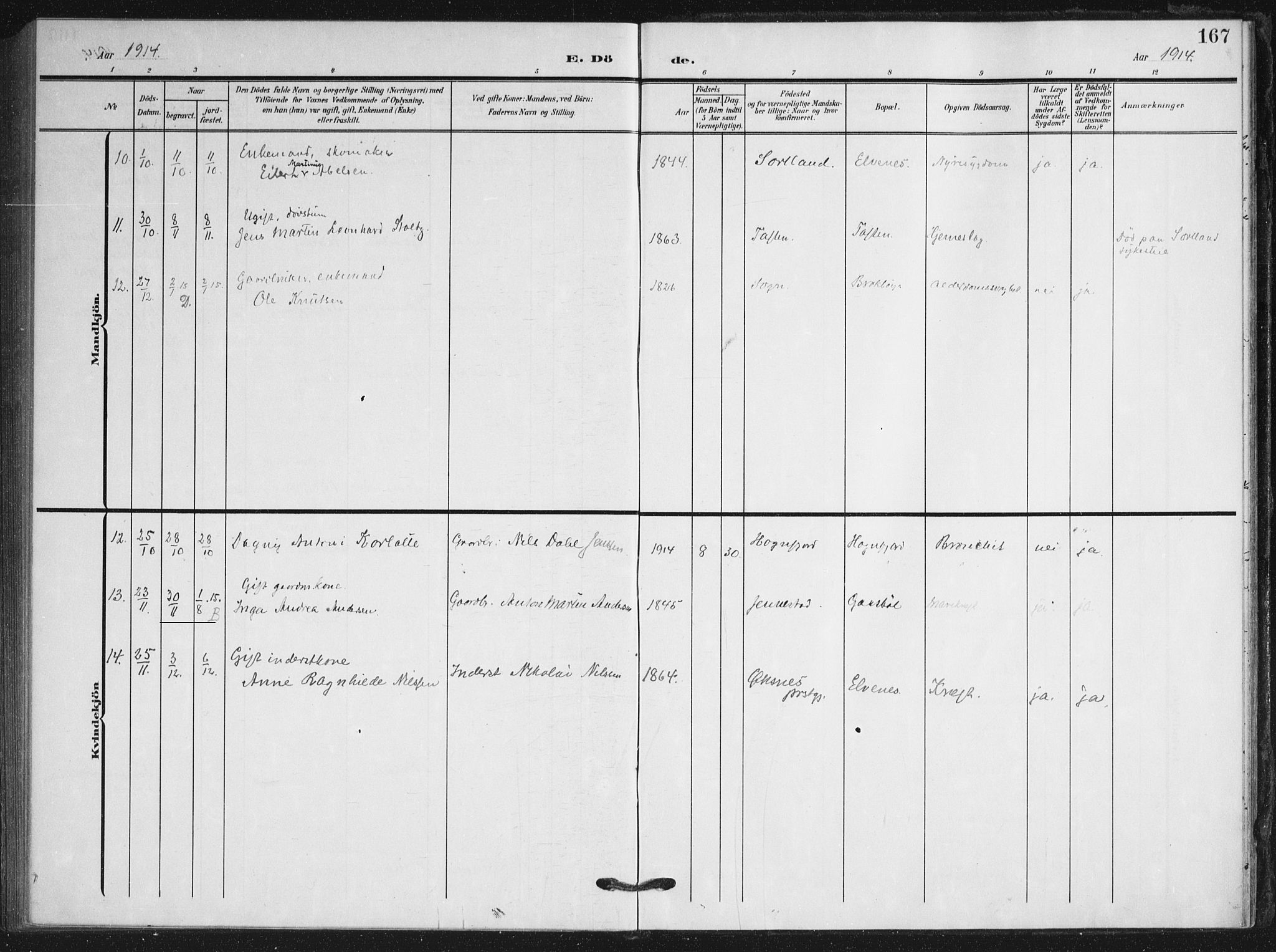 Ministerialprotokoller, klokkerbøker og fødselsregistre - Nordland, AV/SAT-A-1459/895/L1373: Parish register (official) no. 895A08, 1905-1915, p. 167