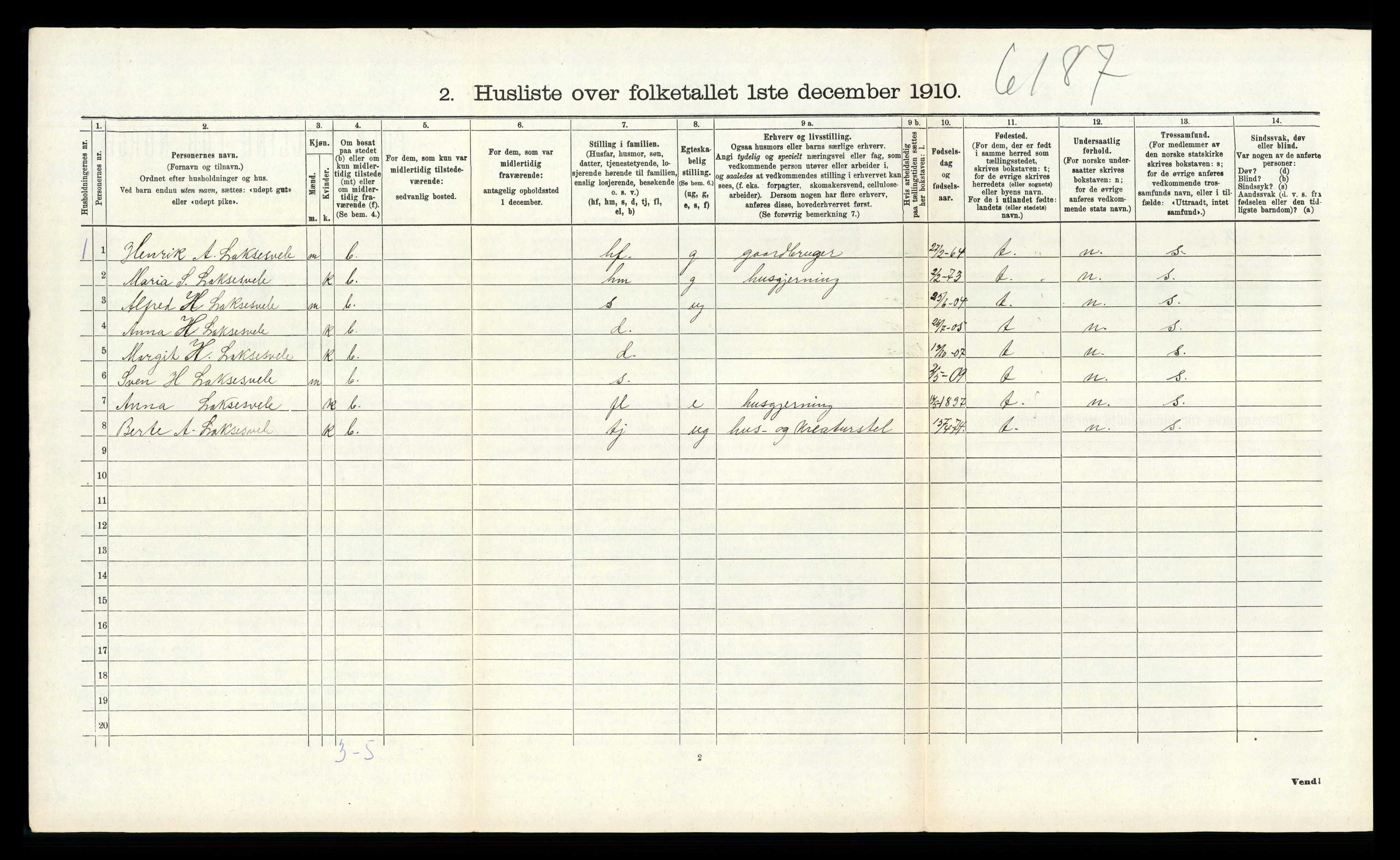 RA, 1910 census for Bjerkreim, 1910, p. 85