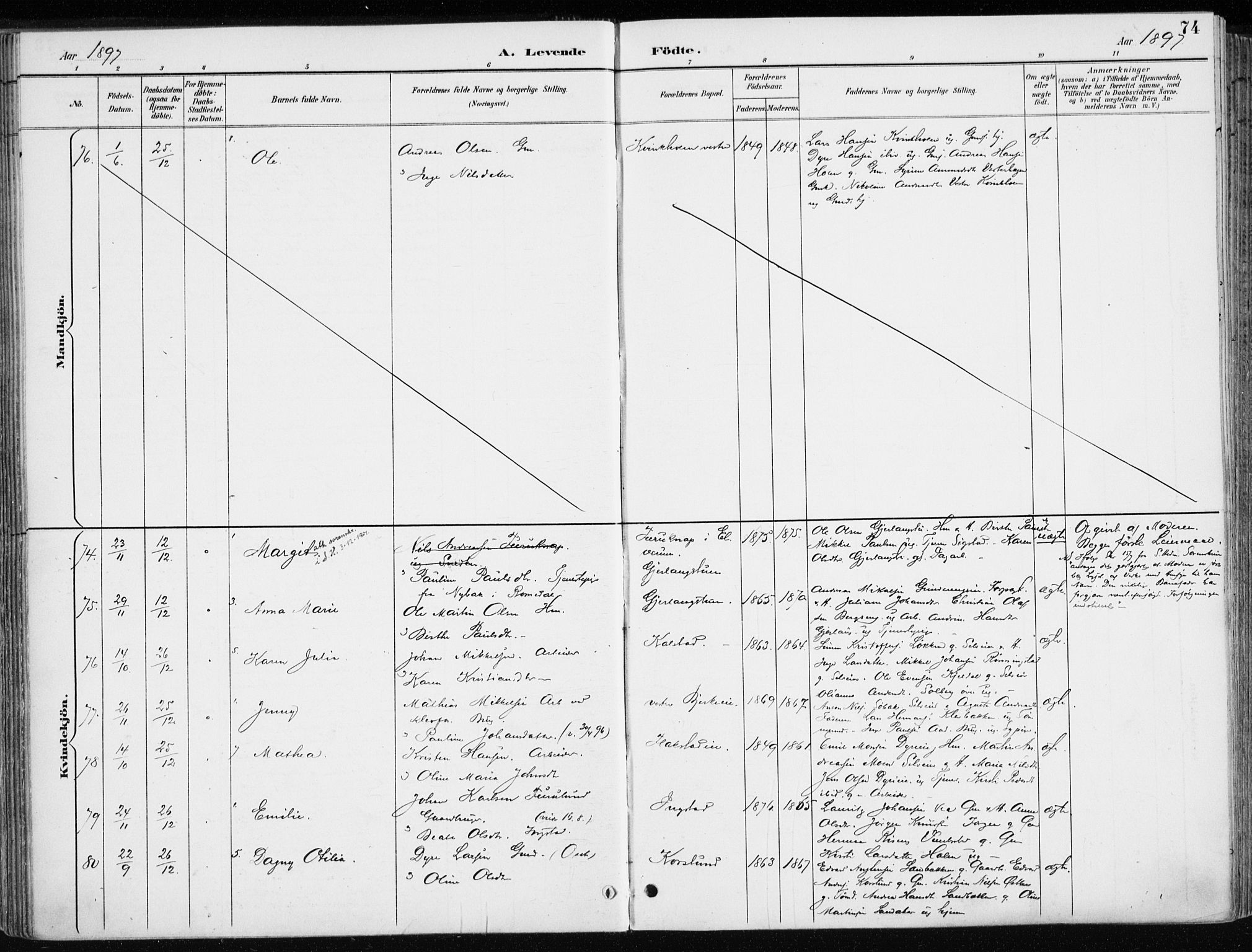 Løten prestekontor, AV/SAH-PREST-022/K/Ka/L0010: Parish register (official) no. 10, 1892-1907, p. 74