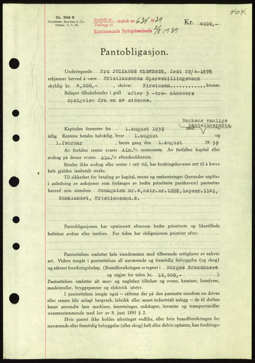 Kristiansund byfogd, SAT/A-4587/A/27: Mortgage book no. 31, 1938-1939, Diary no: : 634/1939