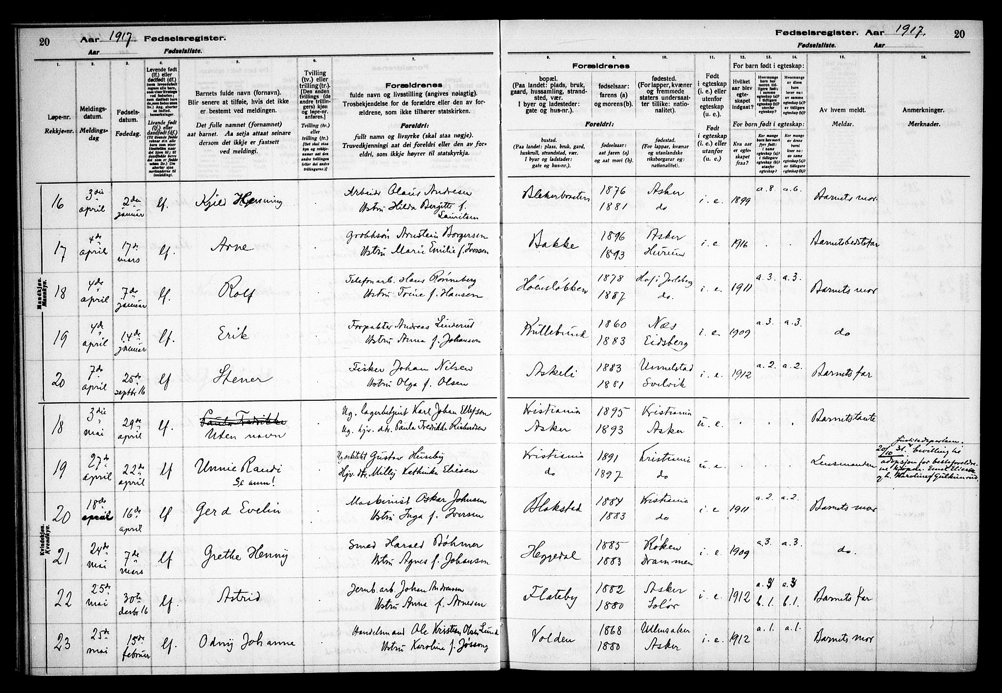 Asker prestekontor Kirkebøker, AV/SAO-A-10256a/J/L0001: Birth register no. 1, 1916-1925, p. 20