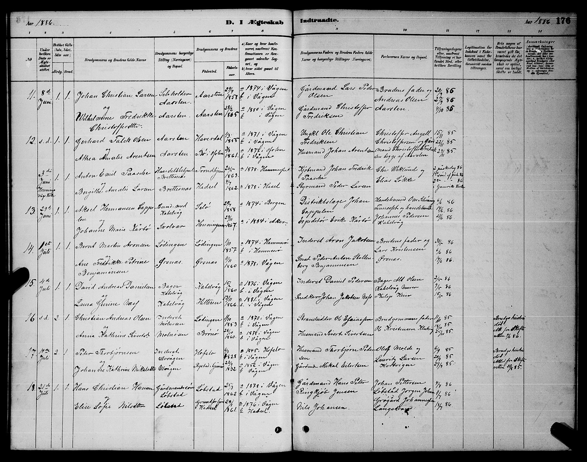 Ministerialprotokoller, klokkerbøker og fødselsregistre - Nordland, AV/SAT-A-1459/874/L1076: Parish register (copy) no. 874C05, 1884-1890, p. 176