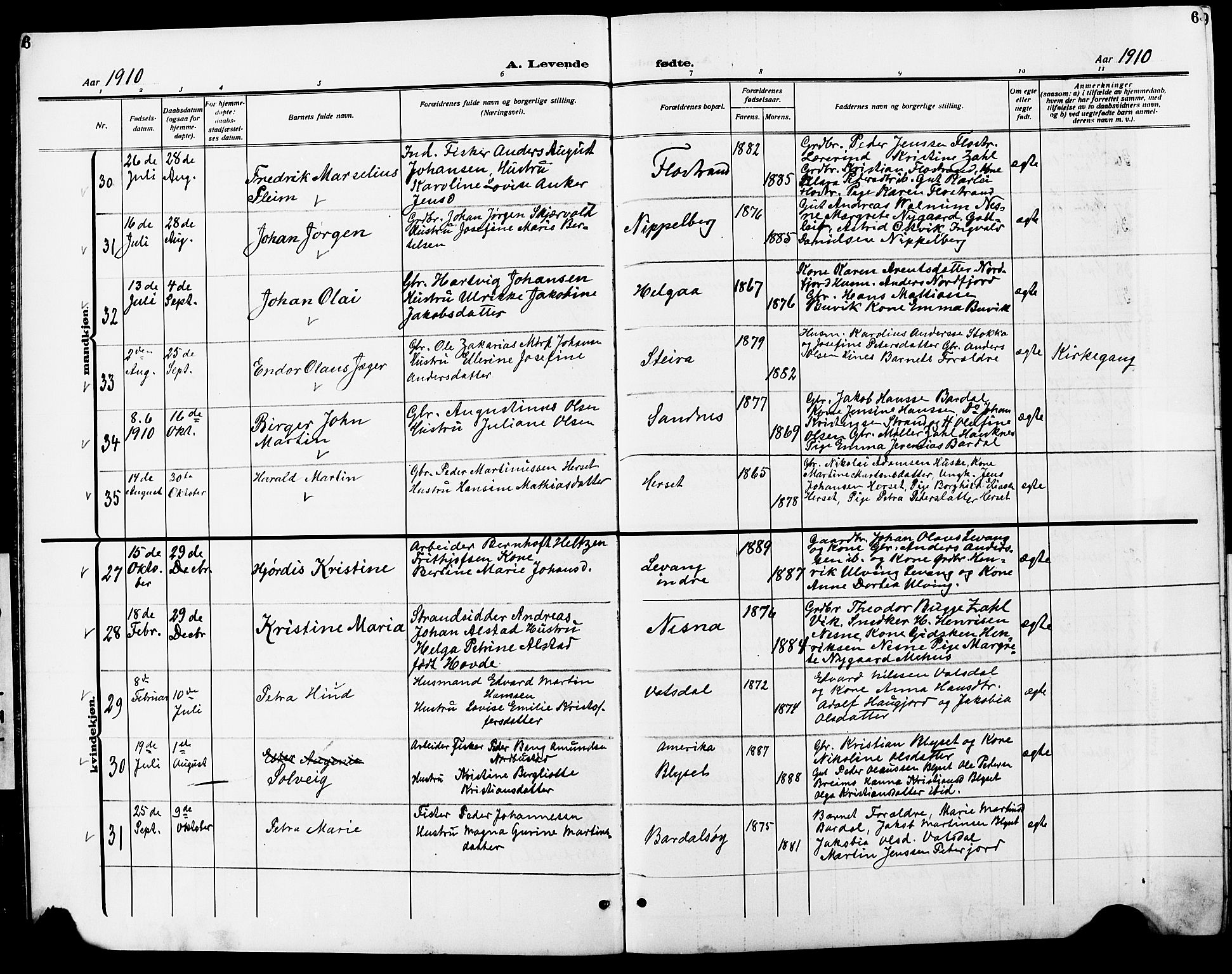 Ministerialprotokoller, klokkerbøker og fødselsregistre - Nordland, AV/SAT-A-1459/838/L0560: Parish register (copy) no. 838C07, 1910-1928, p. 6