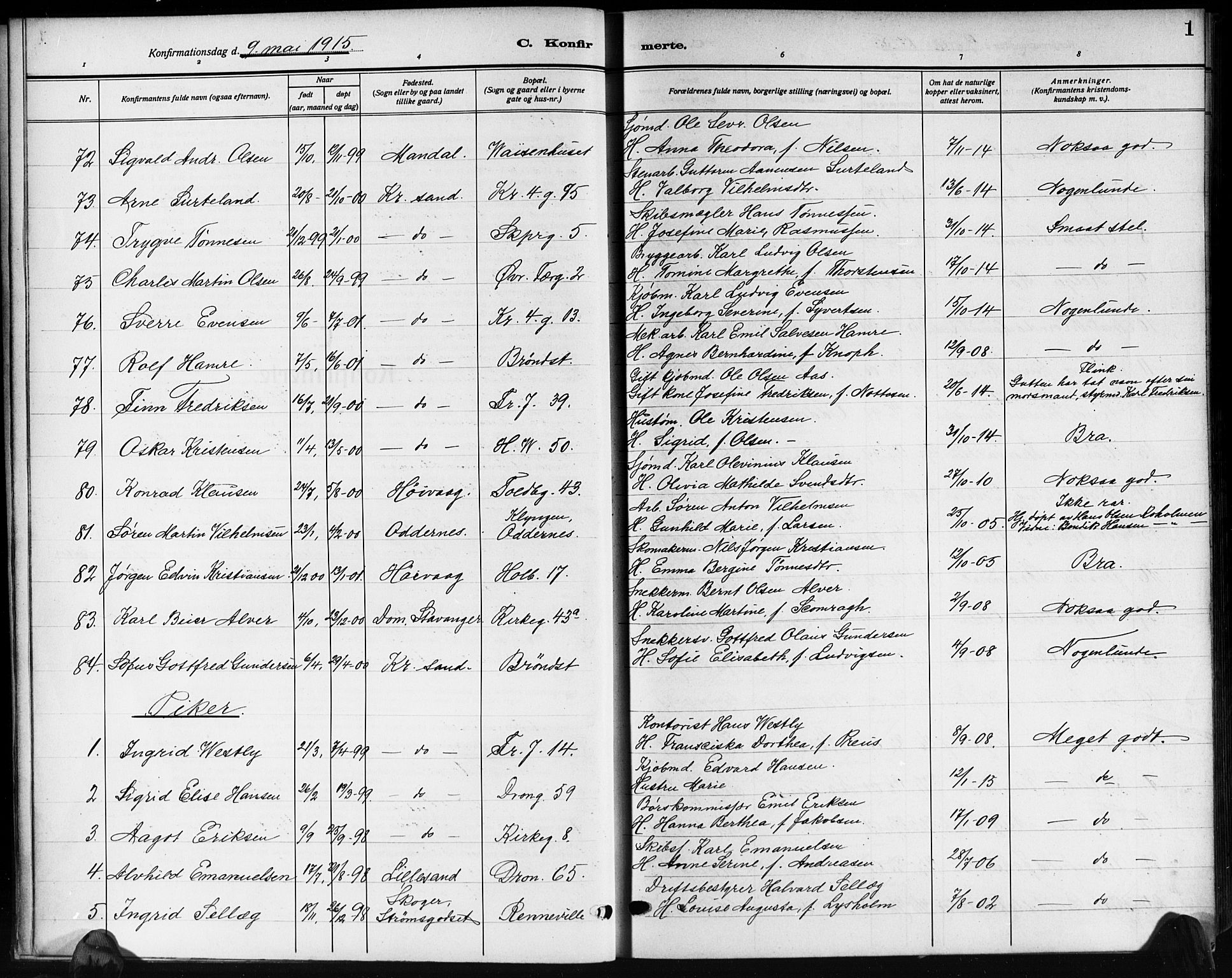 Kristiansand domprosti, SAK/1112-0006/F/Fb/L0022: Parish register (copy) no. B 22, 1915-1925, p. 1