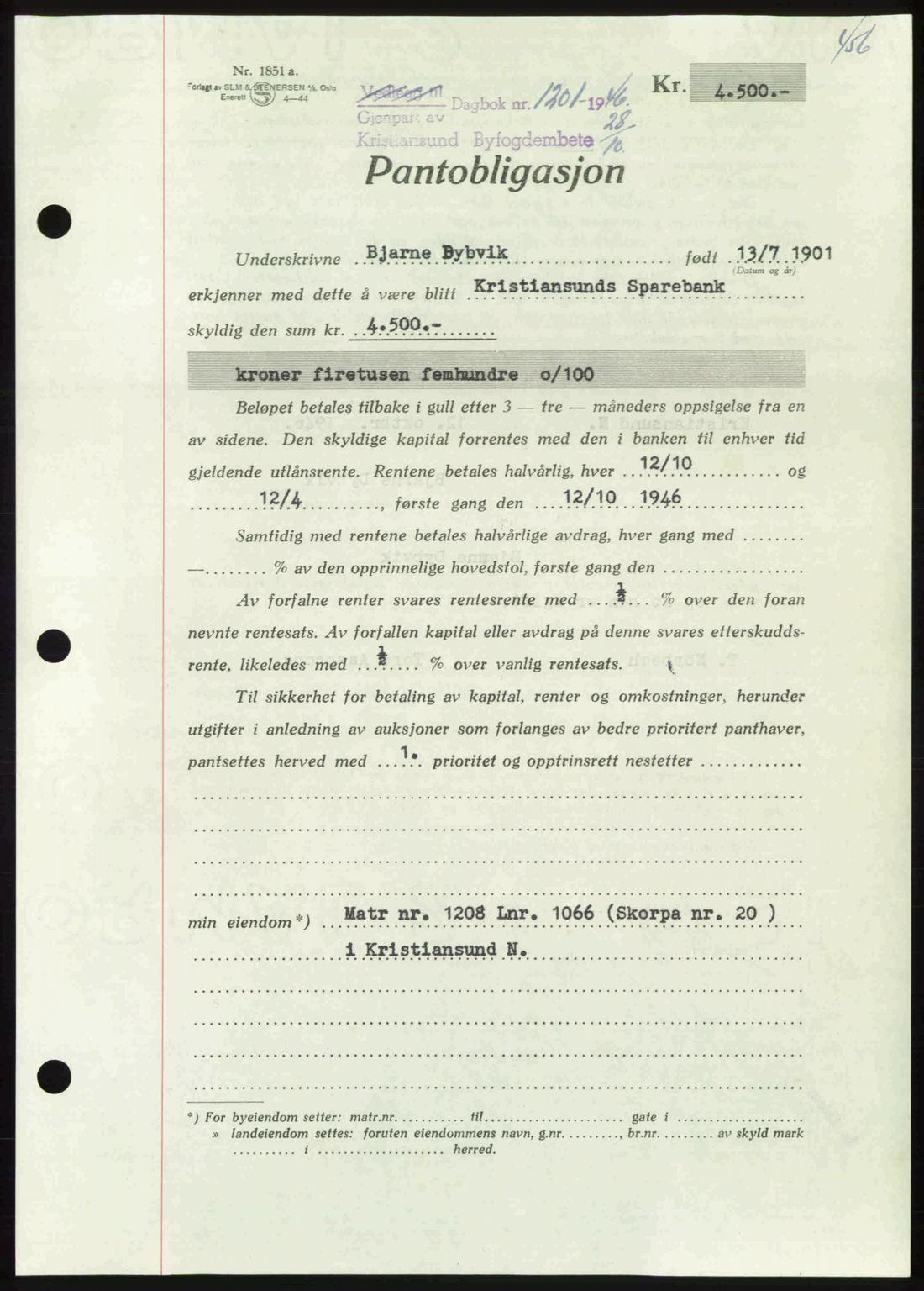 Kristiansund byfogd, AV/SAT-A-4587/A/27: Mortgage book no. 40, 1946-1946, Diary no: : 1201/1946