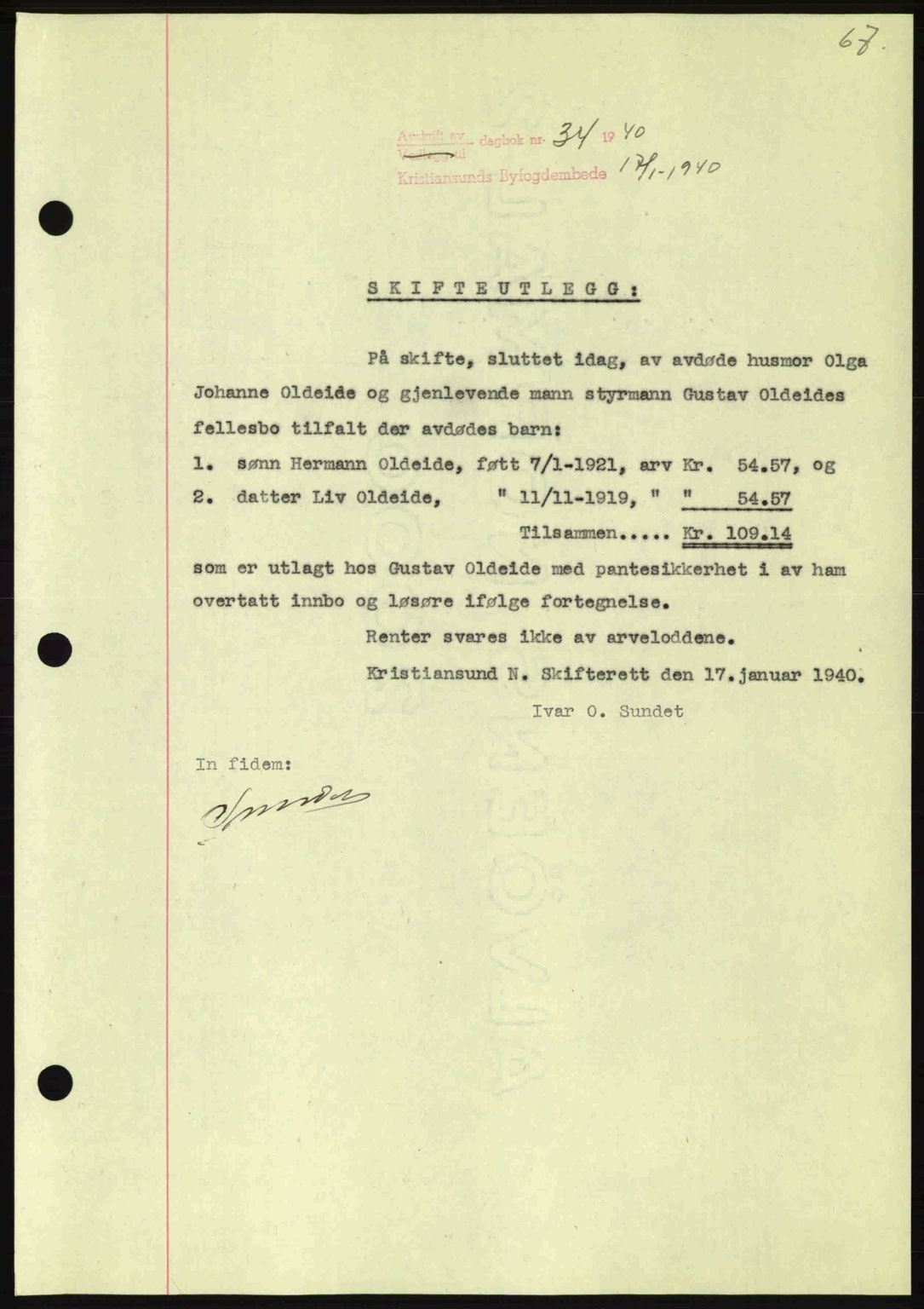 Kristiansund byfogd, AV/SAT-A-4587/A/27: Mortgage book no. 33, 1939-1941, Diary no: : 34/1940