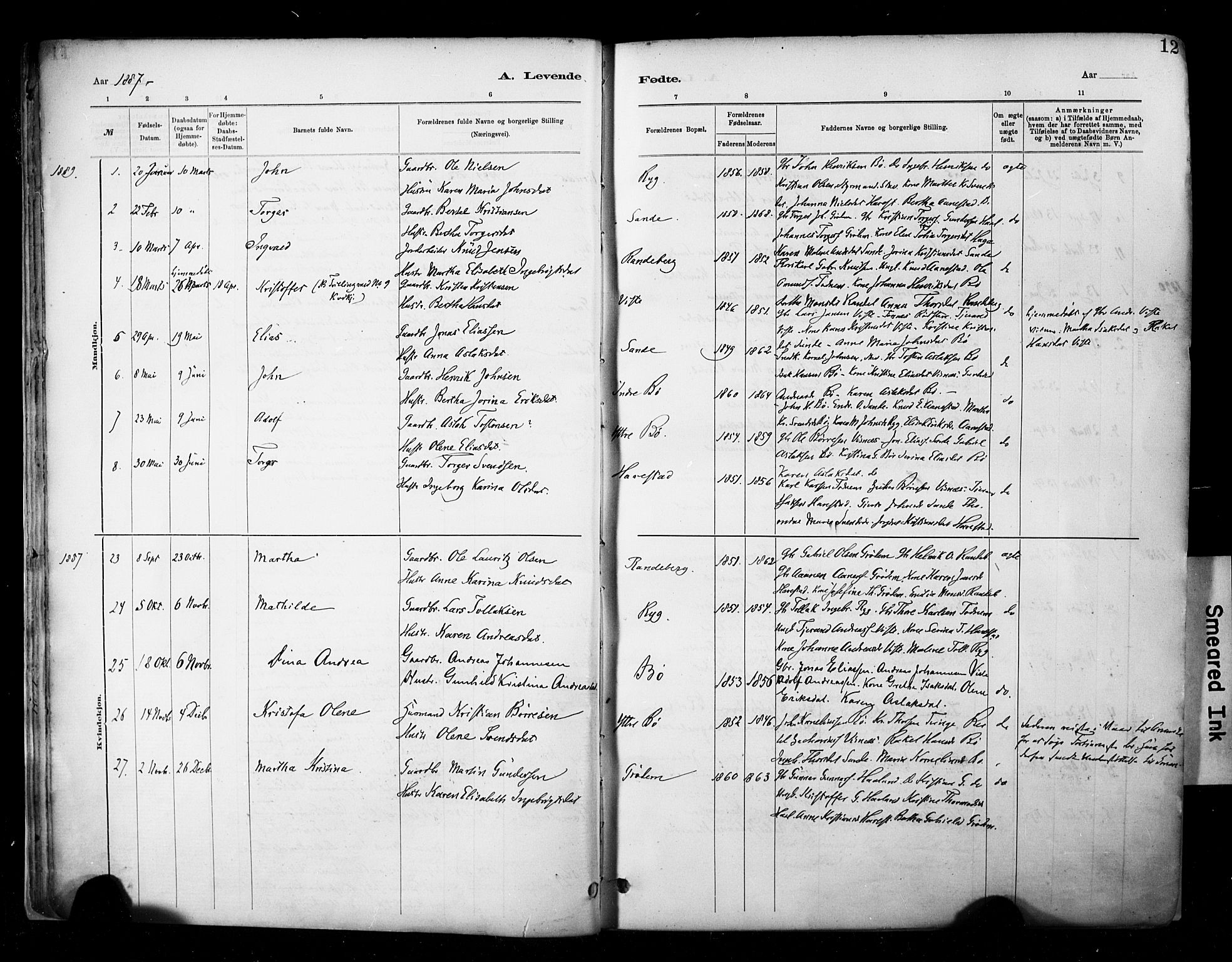 Hetland sokneprestkontor, SAST/A-101826/30/30BA/L0009: Parish register (official) no. A 9, 1882-1918, p. 12