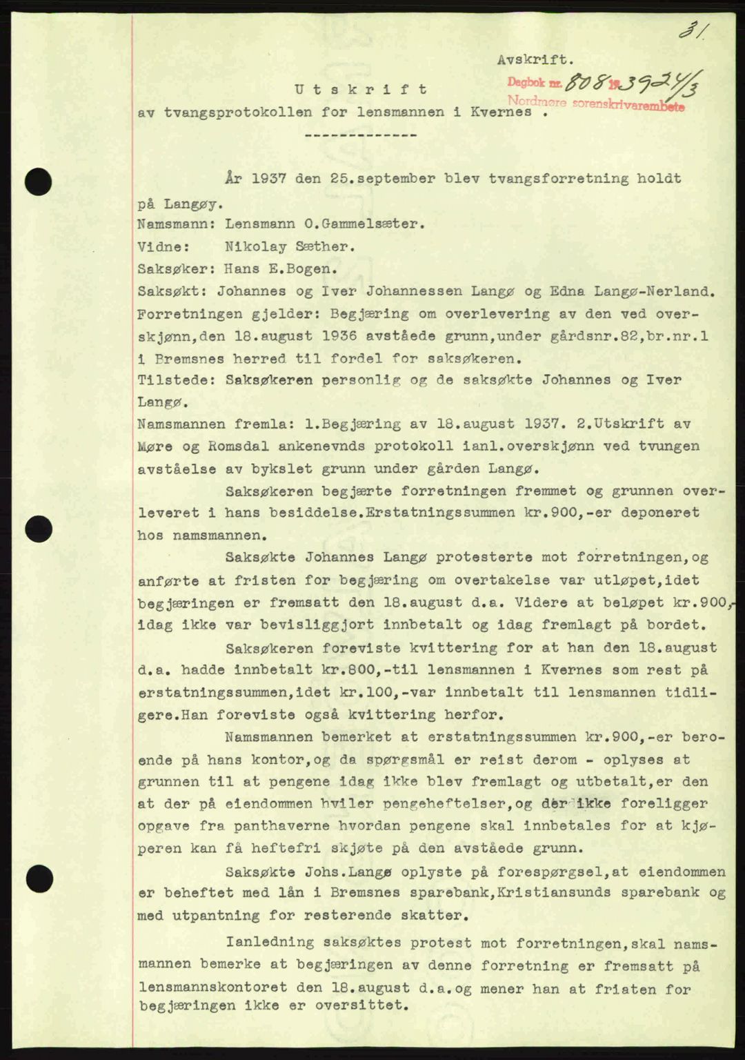 Nordmøre sorenskriveri, SAT/A-4132/1/2/2Ca: Mortgage book no. A86, 1939-1939, Diary no: : 808/1939