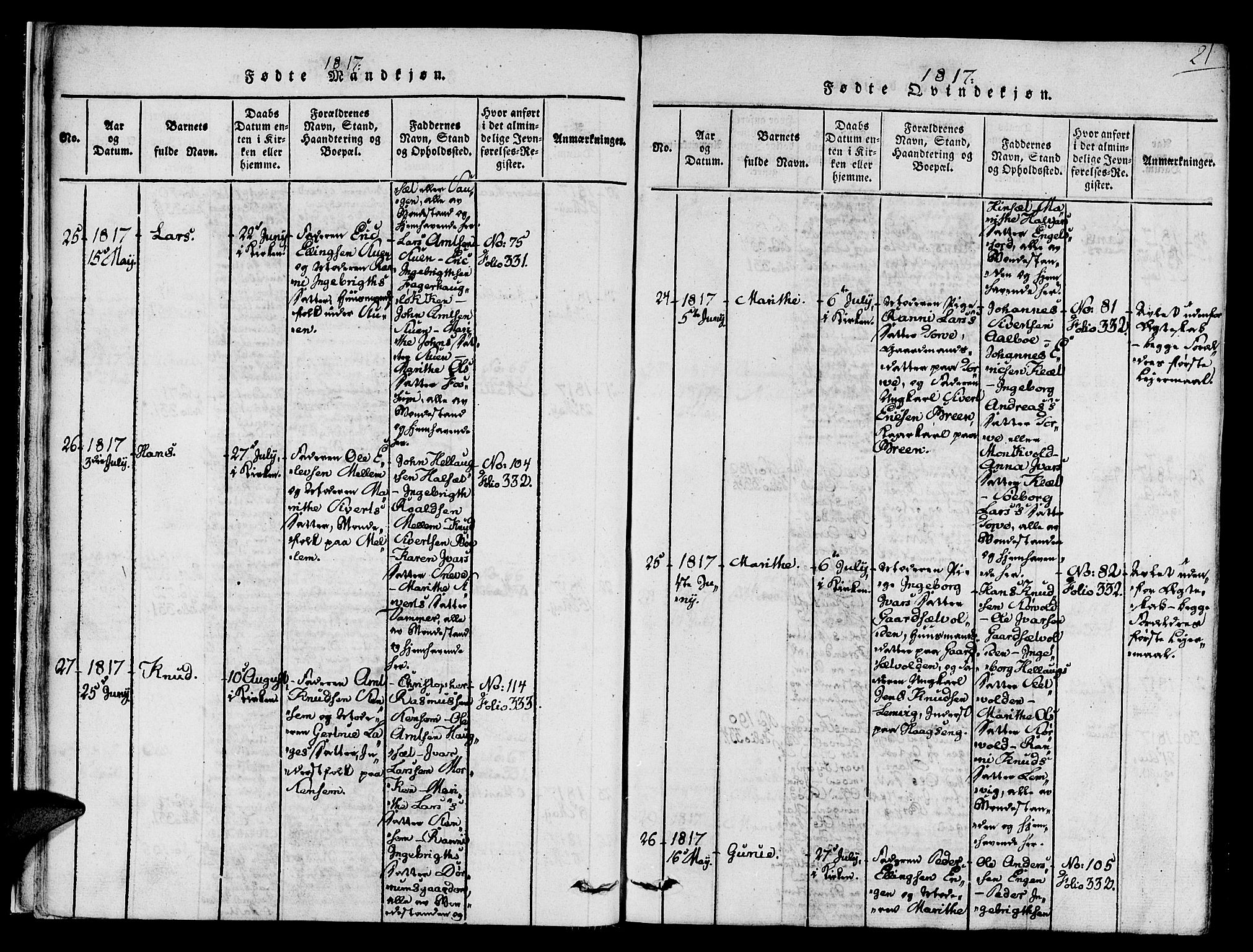 Ministerialprotokoller, klokkerbøker og fødselsregistre - Sør-Trøndelag, SAT/A-1456/678/L0895: Parish register (official) no. 678A05 /1, 1816-1821, p. 21