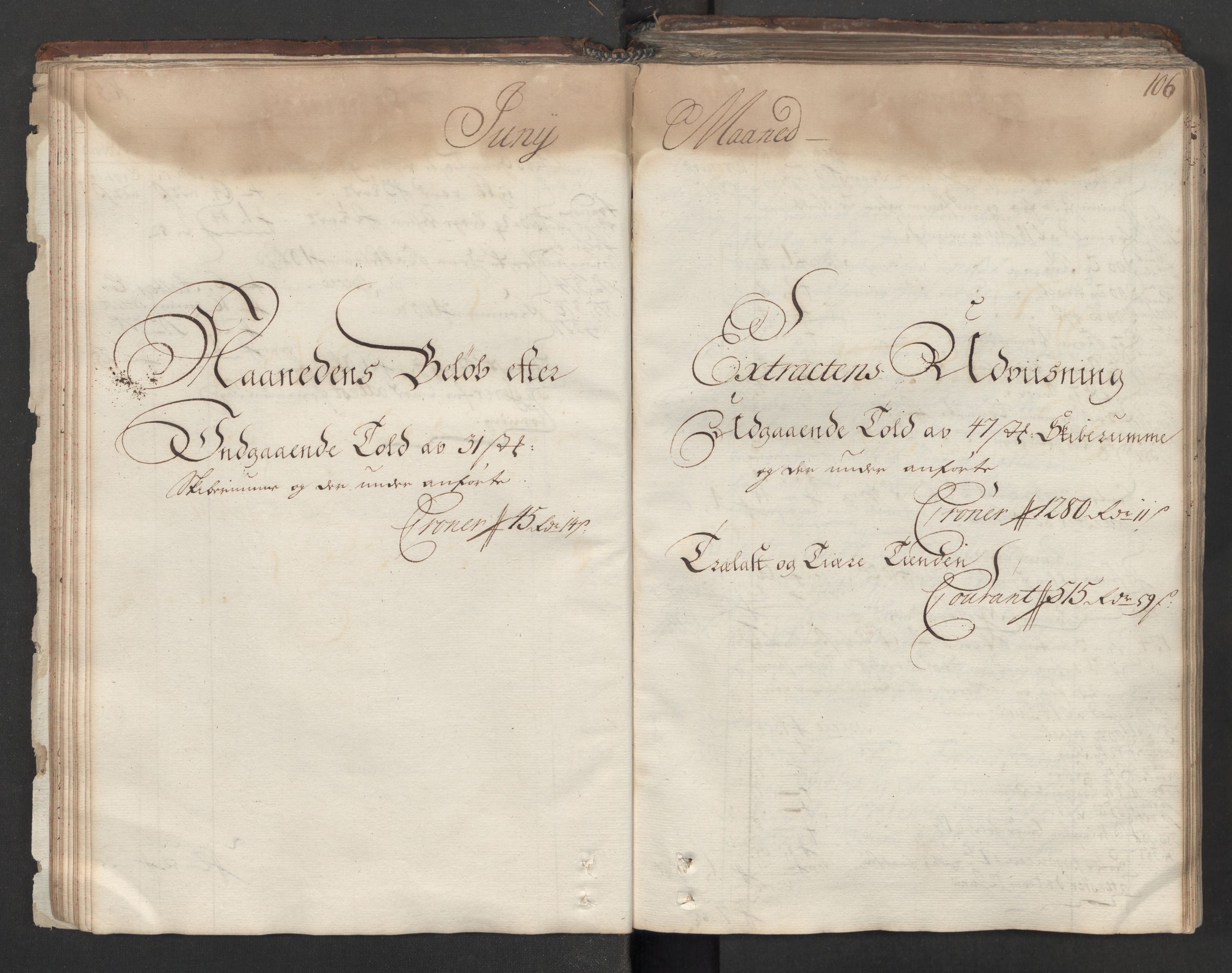 Generaltollkammeret, tollregnskaper, RA/EA-5490/R06/L0012/0001: Tollregnskaper Kristiania / Hovedtollbok, 1731, p. 105b-106a