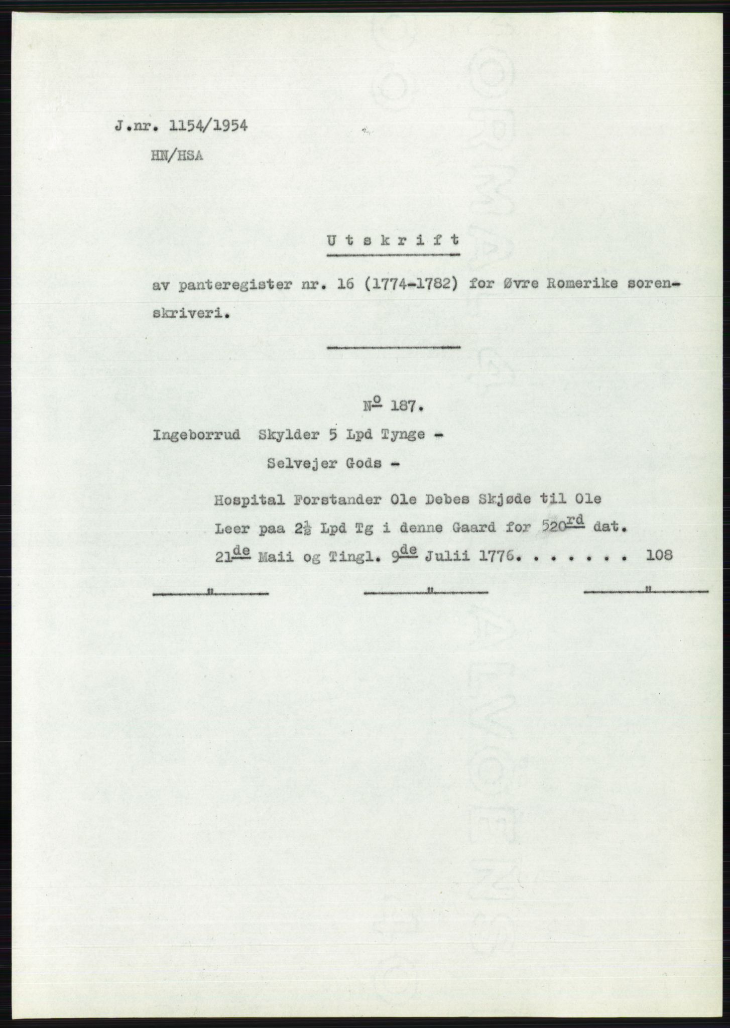 Statsarkivet i Oslo, AV/SAO-A-10621/Z/Zd/L0001: Avskrifter, j.nr 34/1953 og 385-1291/1954, 1953-1954, p. 454