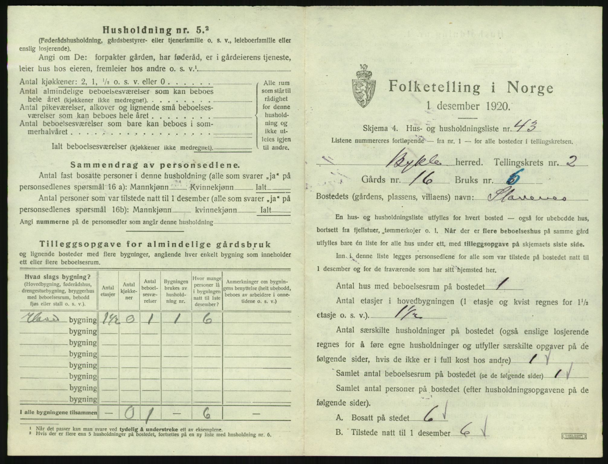 SAK, 1920 census for Bykle, 1920, p. 155