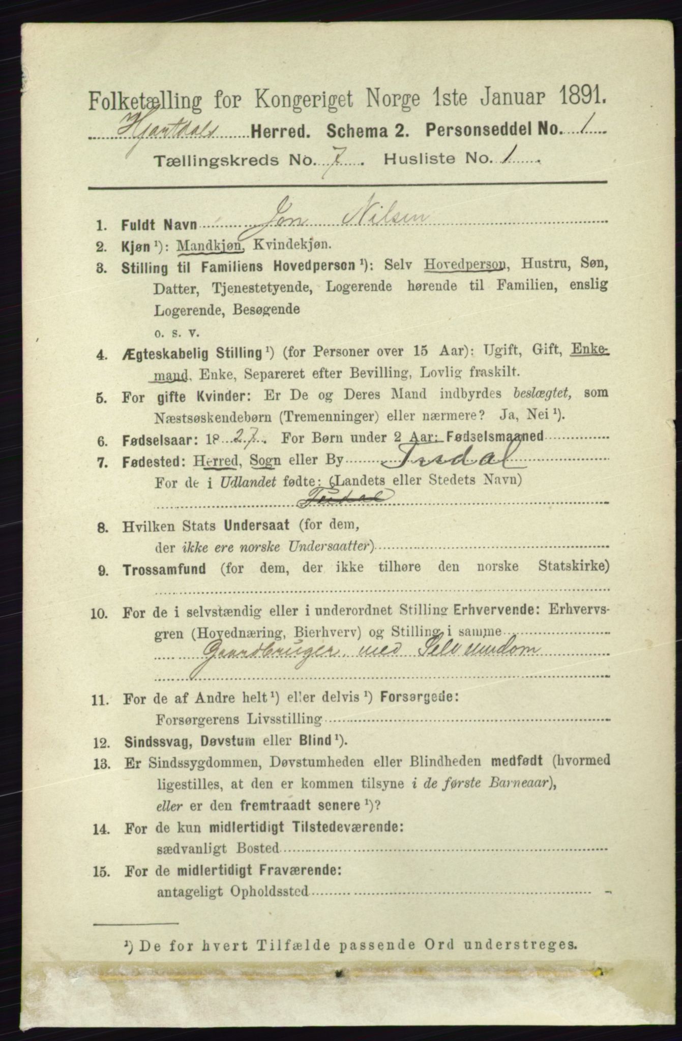 RA, 1891 census for 0827 Hjartdal, 1891, p. 2542