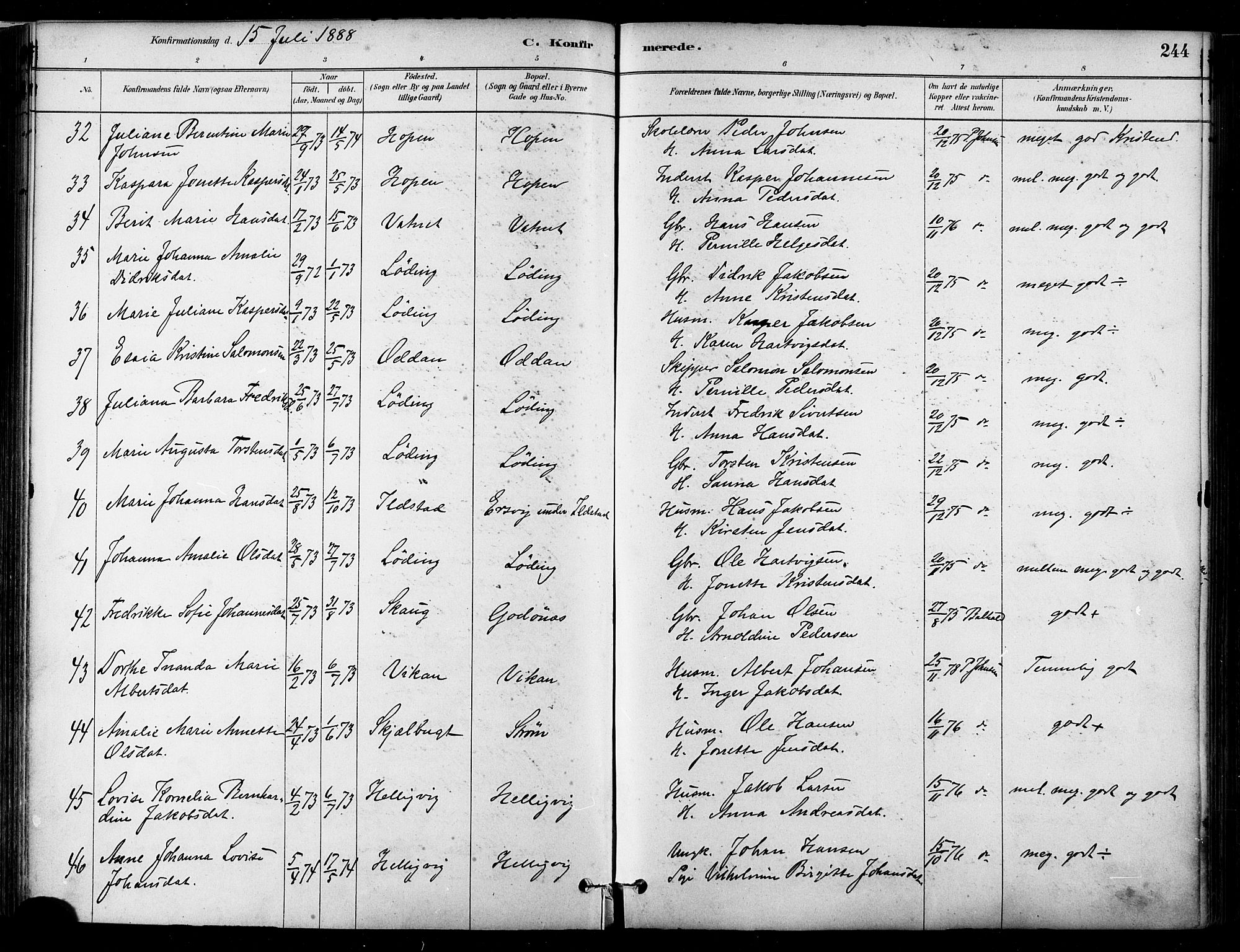 Ministerialprotokoller, klokkerbøker og fødselsregistre - Nordland, AV/SAT-A-1459/802/L0054: Parish register (official) no. 802A01, 1879-1893, p. 244