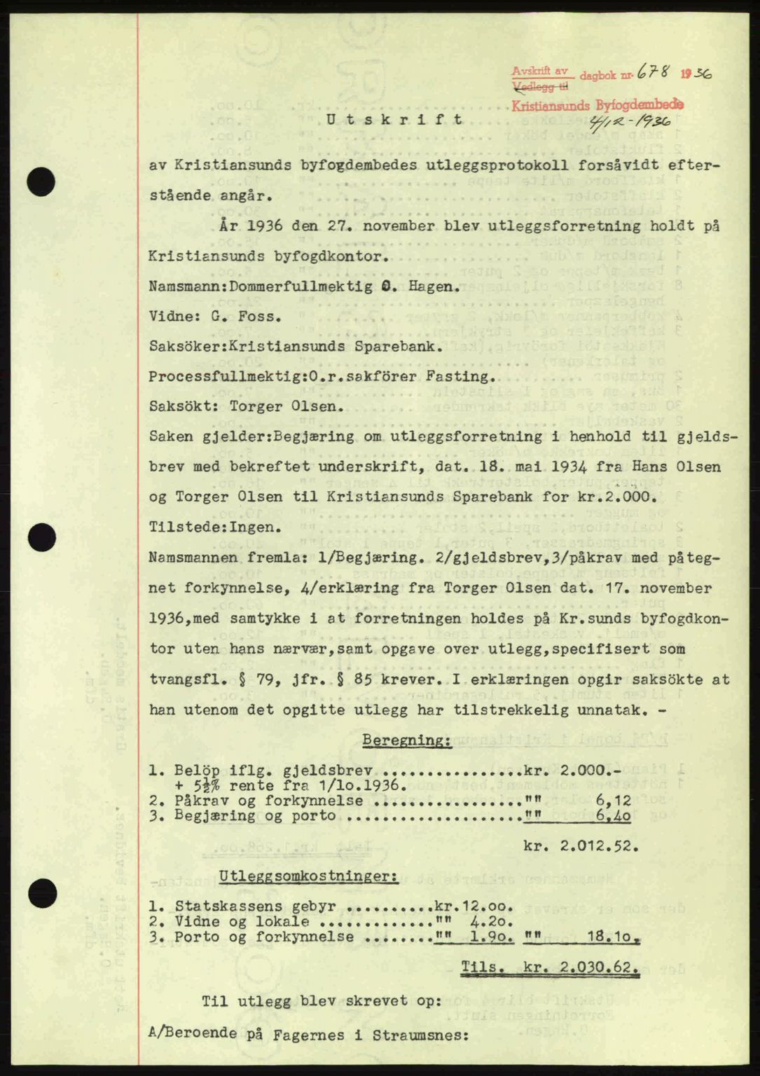 Kristiansund byfogd, AV/SAT-A-4587/A/27: Mortgage book no. 29, 1936-1937, Diary no: : 678/1936