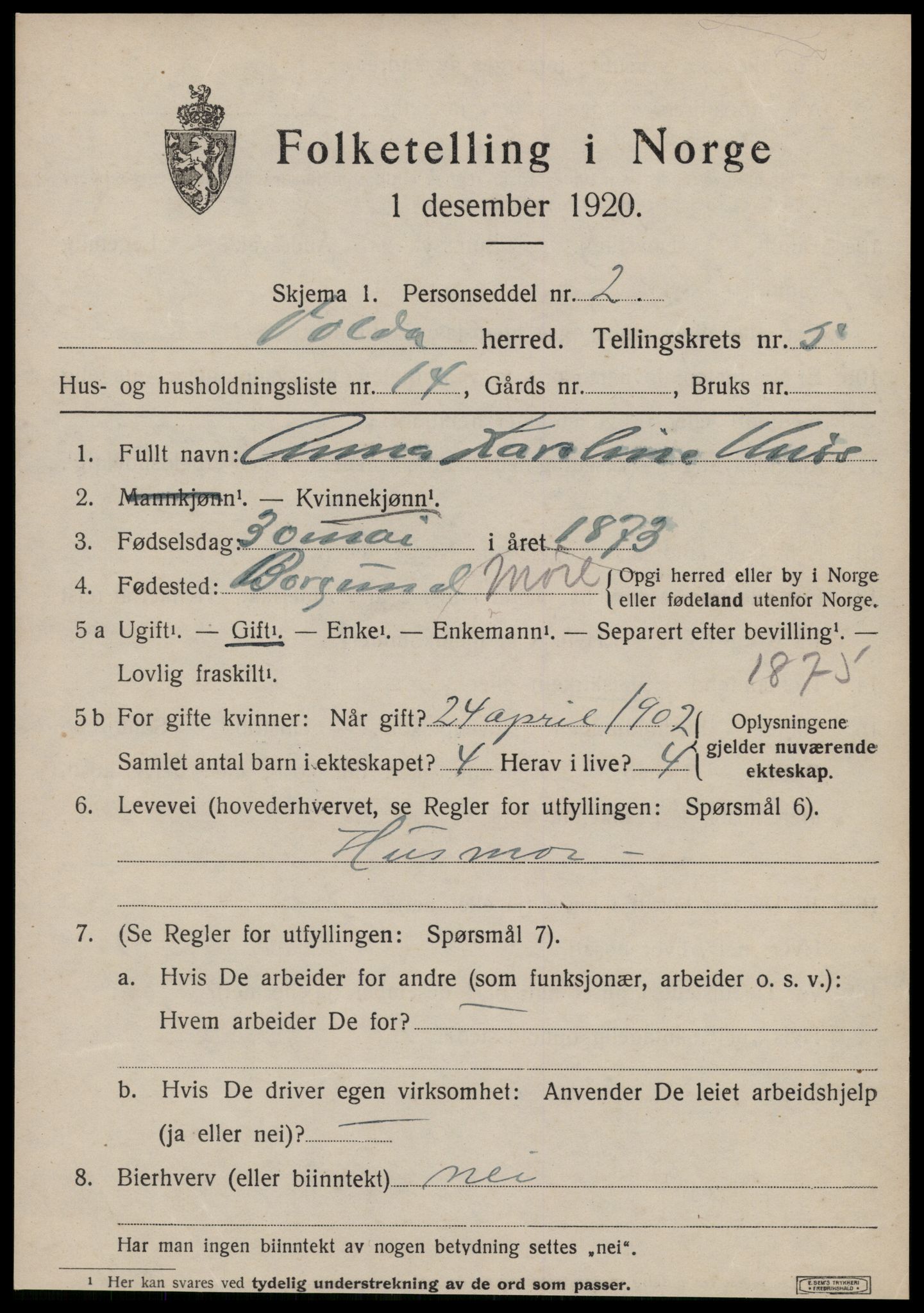 SAT, 1920 census for Volda, 1920, p. 3934