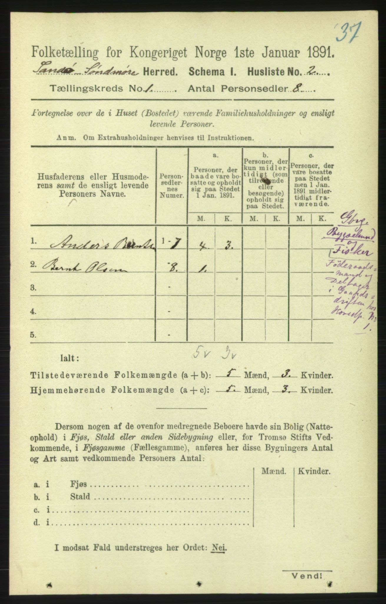 RA, 1891 census for 1514 Sande, 1891, p. 38