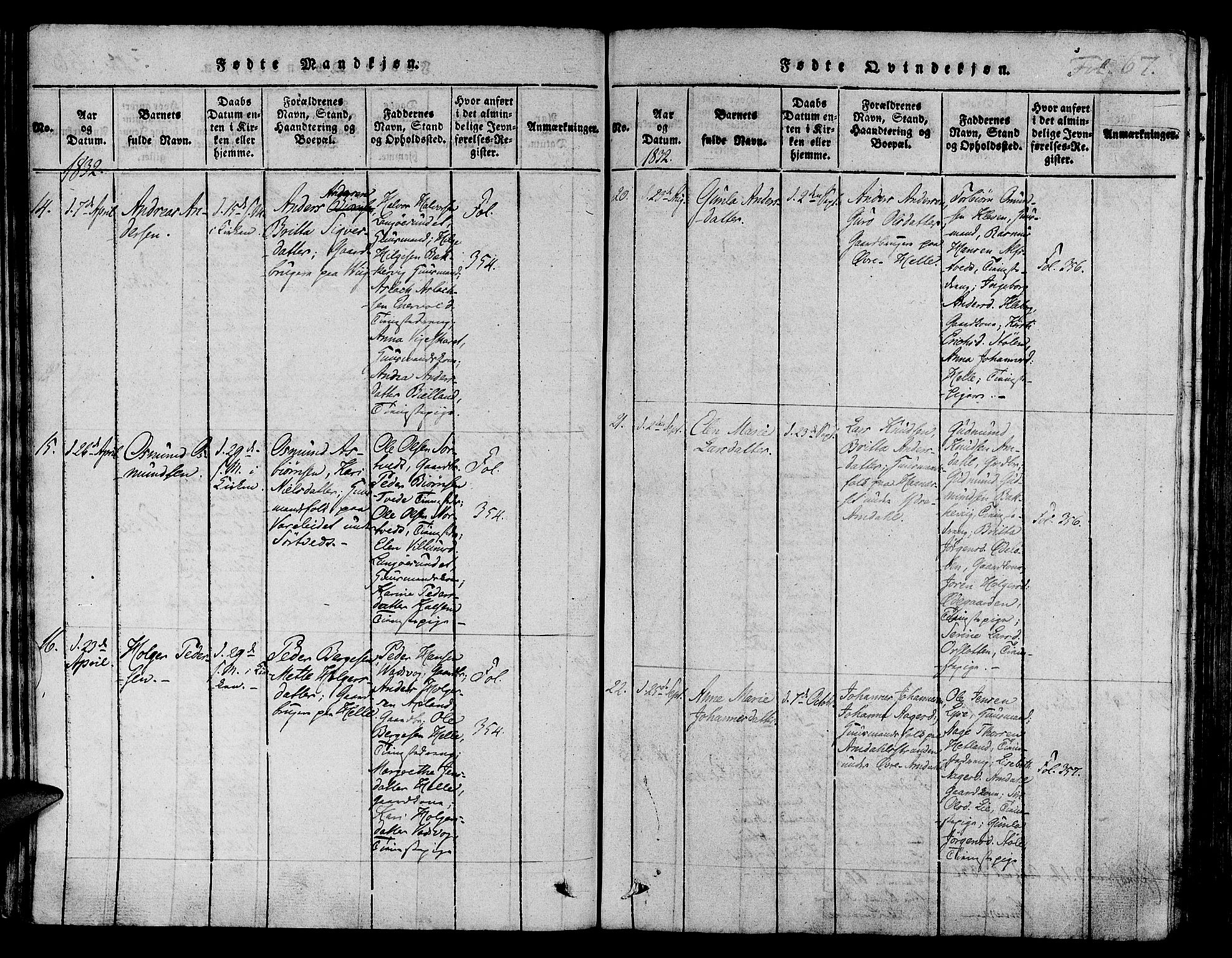 Nedstrand sokneprestkontor, AV/SAST-A-101841/01/IV: Parish register (official) no. A 6, 1816-1838, p. 67