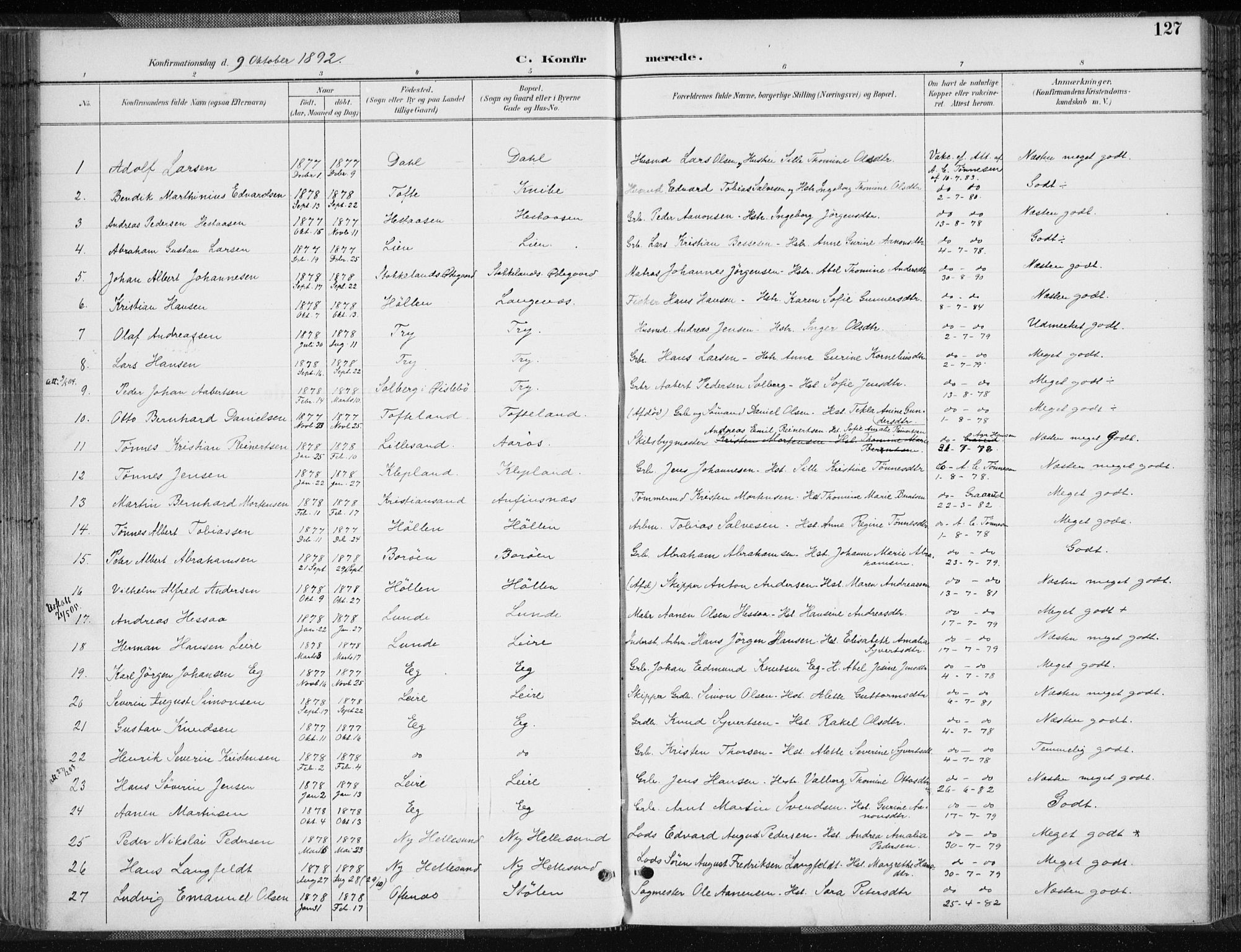 Søgne sokneprestkontor, SAK/1111-0037/F/Fa/Fab/L0013: Parish register (official) no. A 13, 1892-1911, p. 127