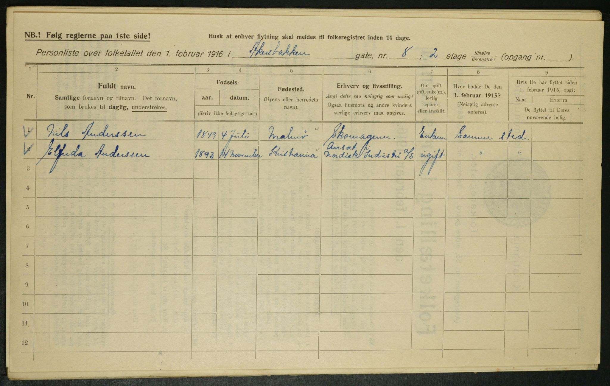 OBA, Municipal Census 1916 for Kristiania, 1916, p. 36