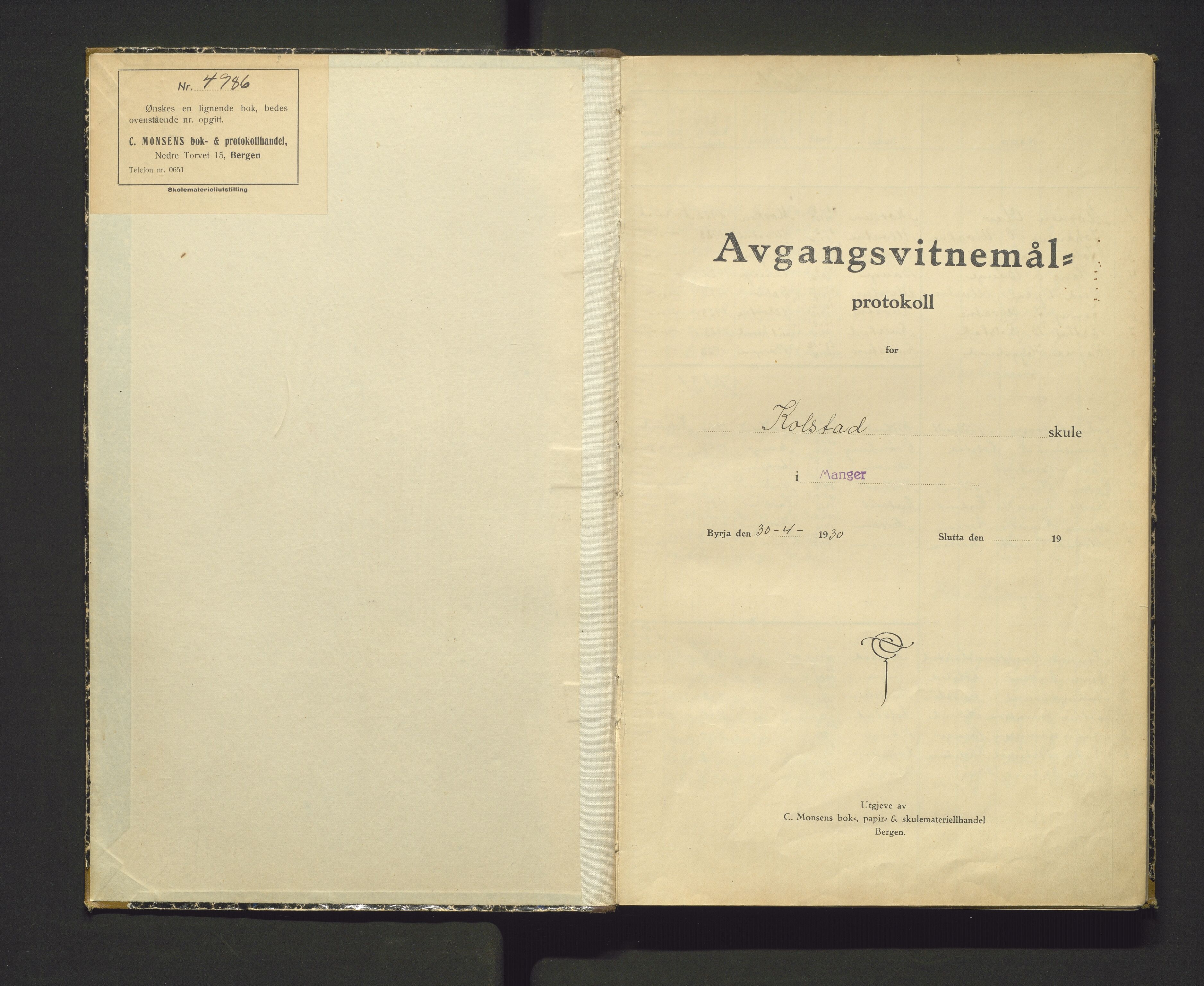 Manger kommune. Barneskulane, IKAH/1261-231/F/Fb/L0004: Avgangsvitnemålsprotokoll for Kolstad skule , 1930-1961