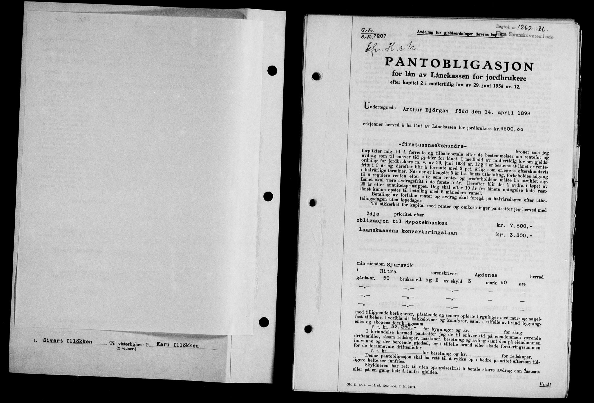 Hitra sorenskriveri, AV/SAT-A-0018/2/2C/2Ca/L0028: Mortgage book no. B-1, 1936-1939, Diary no: : 1262/1936