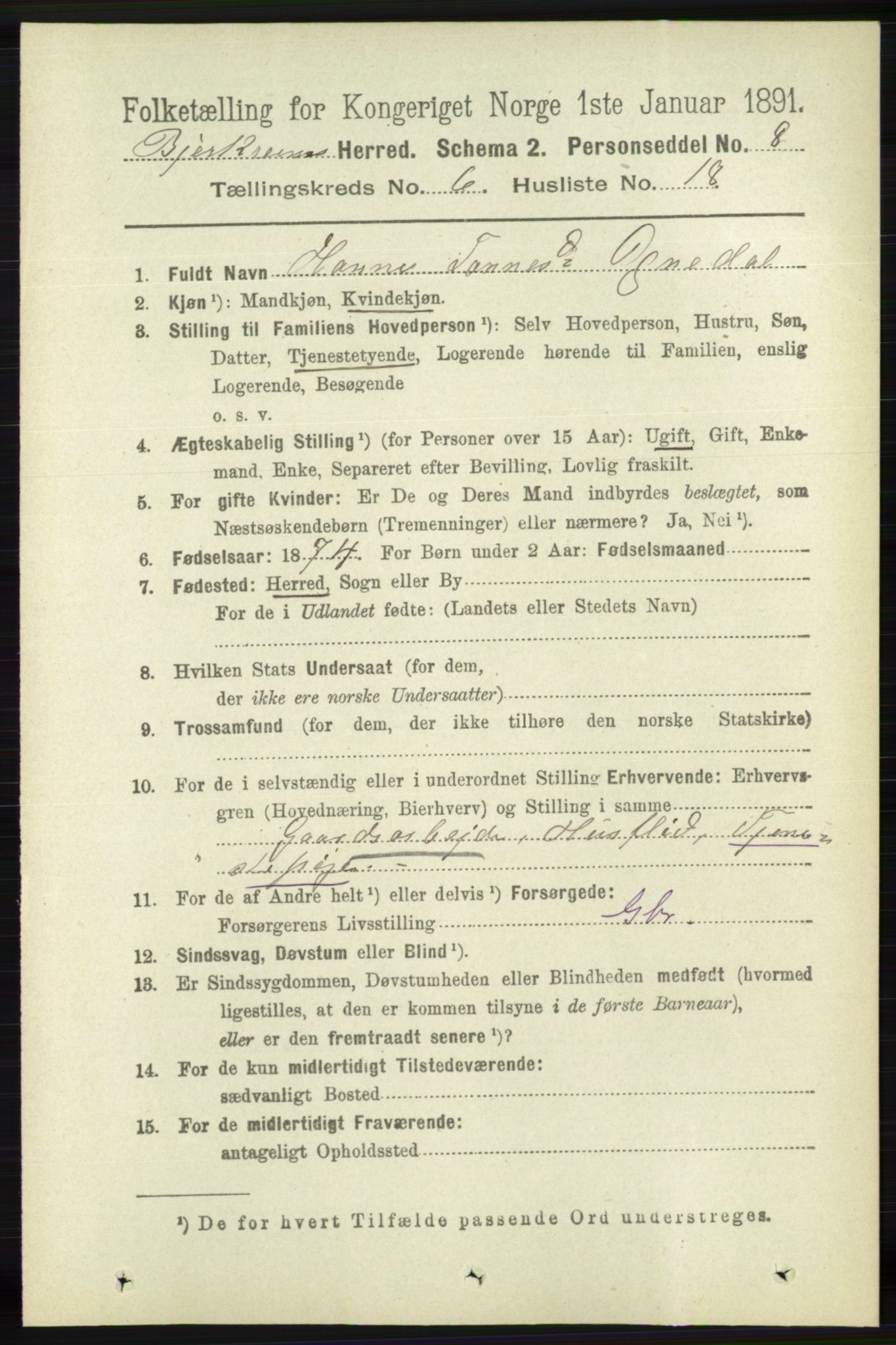 RA, 1891 census for 1114 Bjerkreim, 1891, p. 2196