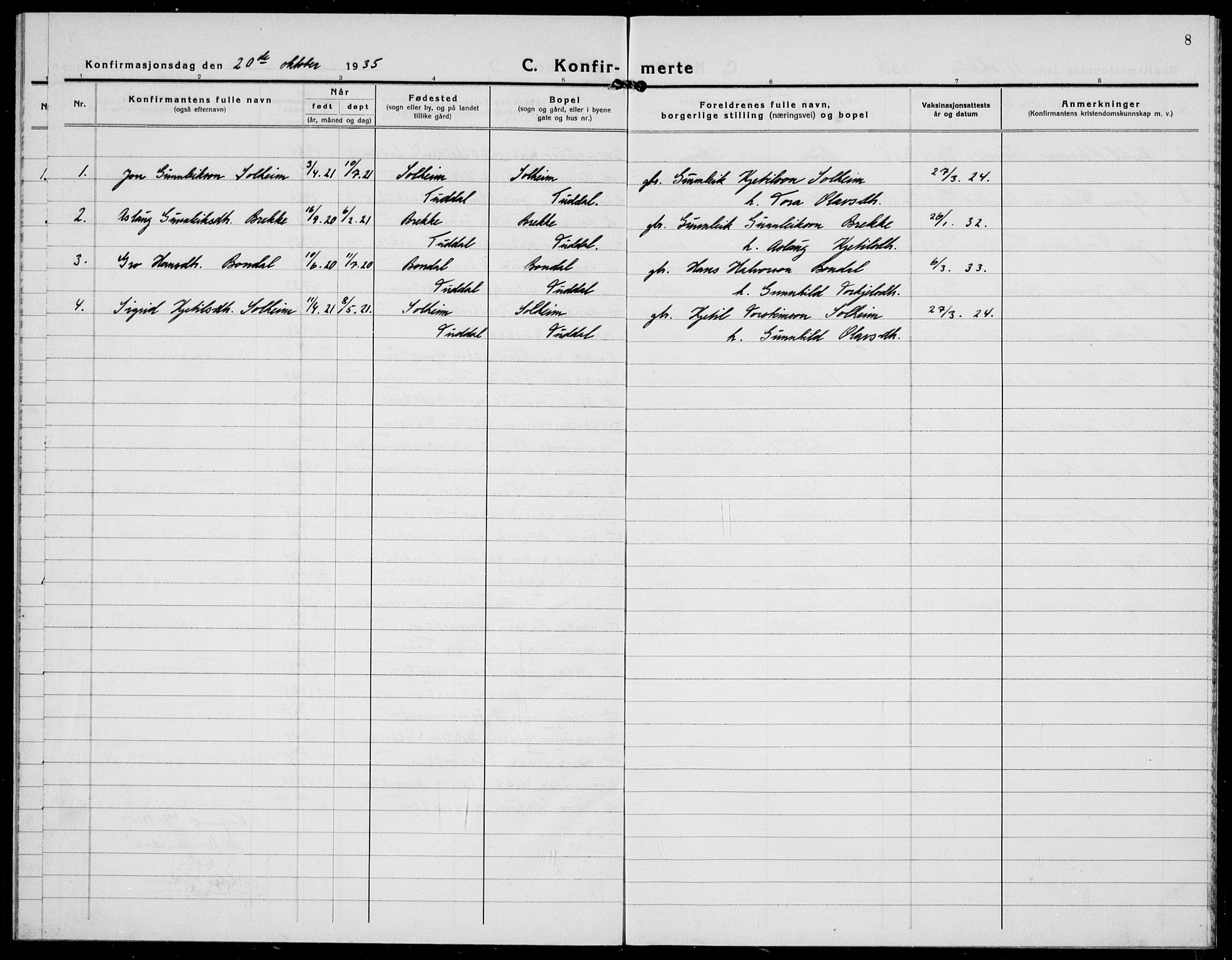 Hjartdal kirkebøker, AV/SAKO-A-270/F/Fc/L0003: Parish register (official) no. III 3, 1931-1936, p. 8