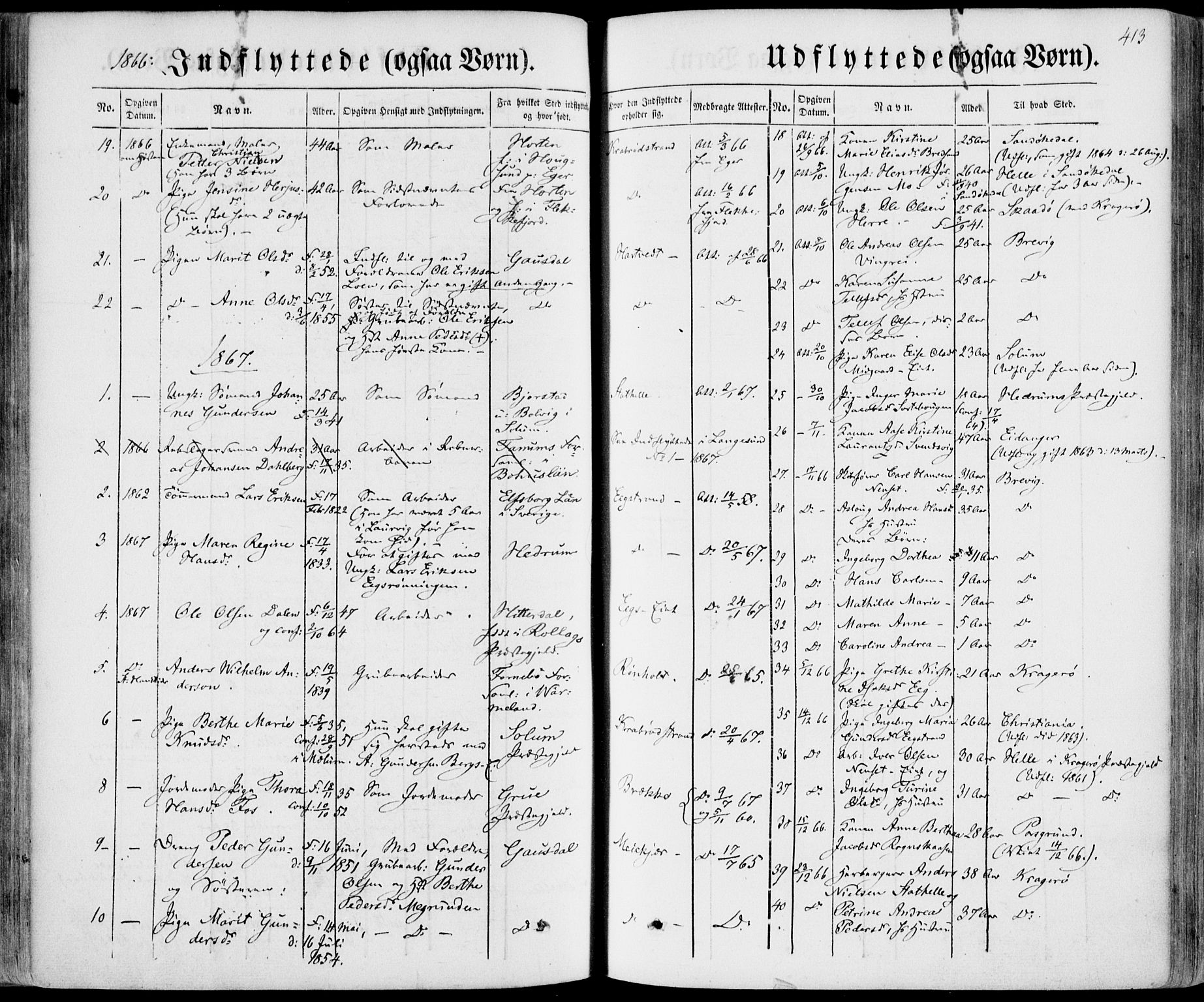 Bamble kirkebøker, AV/SAKO-A-253/F/Fa/L0005: Parish register (official) no. I 5, 1854-1869, p. 413